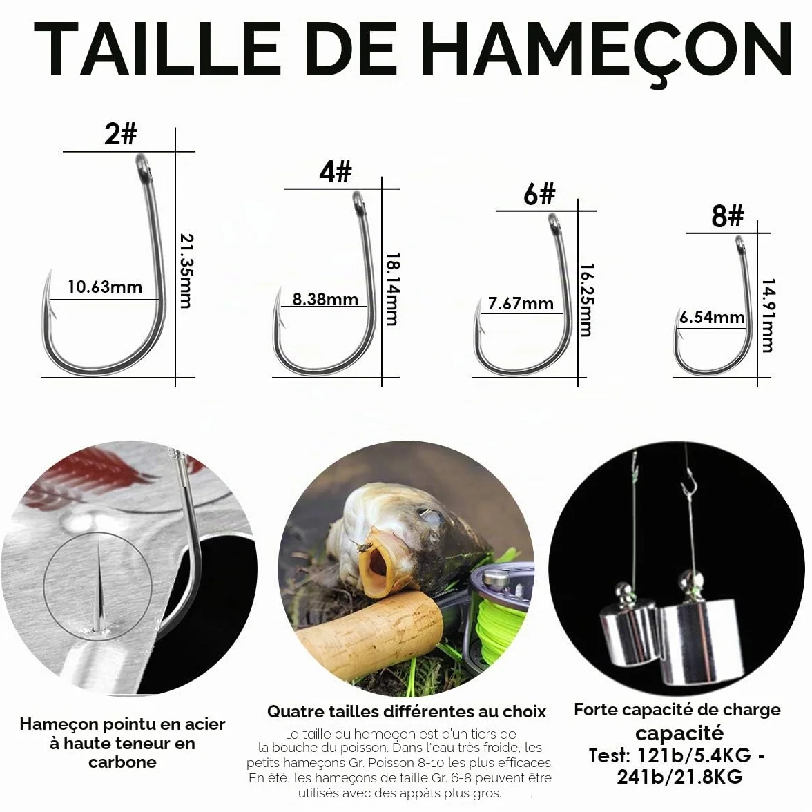Hameçons à Carpe Incurvés Barbelés 20 PCS Taille 2 4 6 8 Montage de Cheveux
