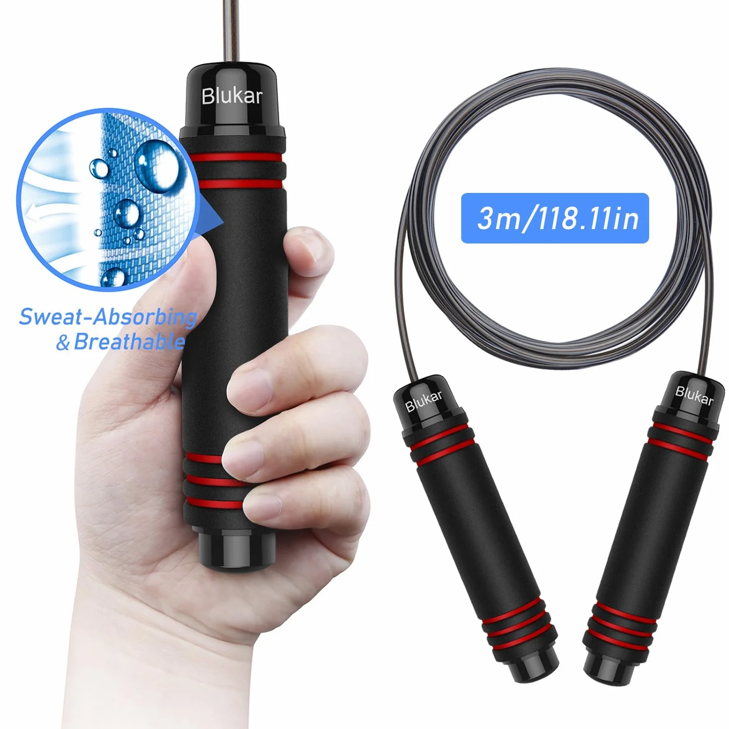 Blukar Corde à Sauter Speed Jump Rope Réglable Roulements à Billes en Acier Poignées Antidérapantes en Mousse Câble en Acier Fitness Crossfit Boxe GYM 3M