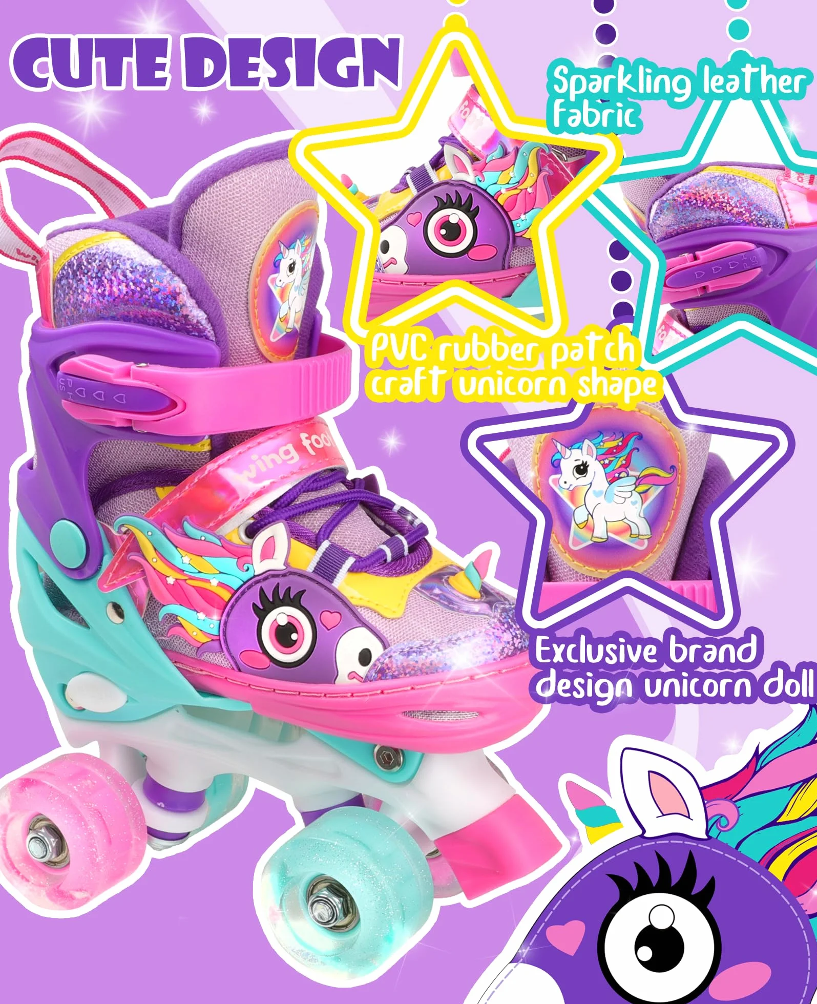 Licorne Roller Enfant Fille Patins à roulettes Ajustable avec Roues Allumées 4 Taille Réglable