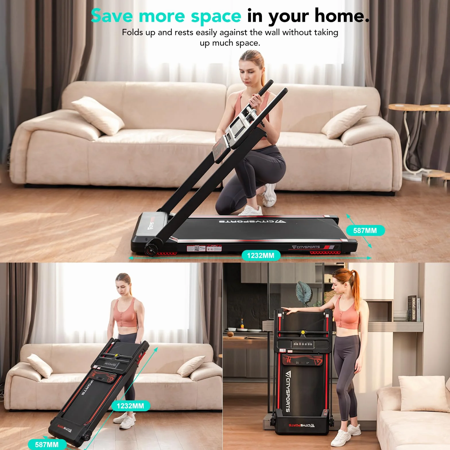 CITYSPORTS Tapis de Course Pliable 12 km/h avec Affichage LED, APP et Support Tablette 360° - Walking Pad Compact pour Maison et Bureau (Noir et Rouge)