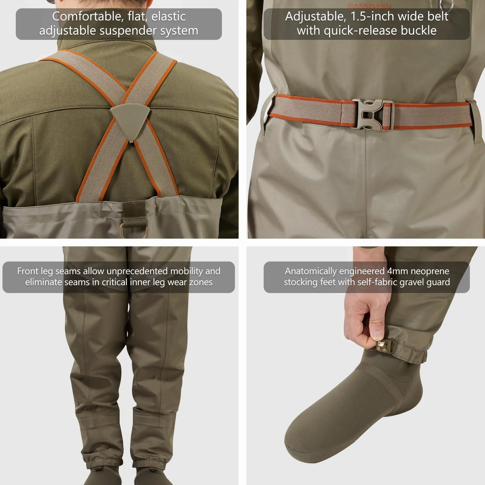 Bassdash Hommes IMMERSE Tan Waders Bottes de Pêche Imperméables Respirantes Légères