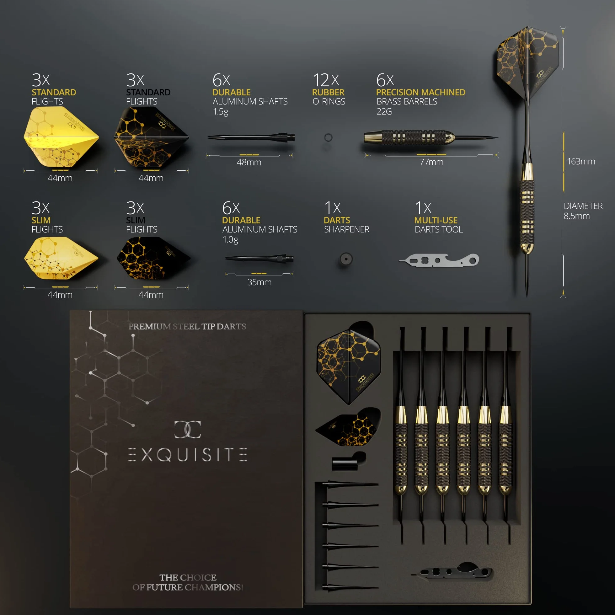 CC-Exquisite Professional Steel Tip Darts Set - 6 x 22g Brass Barrels with 12 Flights, 12 Aluminium Shafts, 12 O-Rings, Dart Sharpener & Case