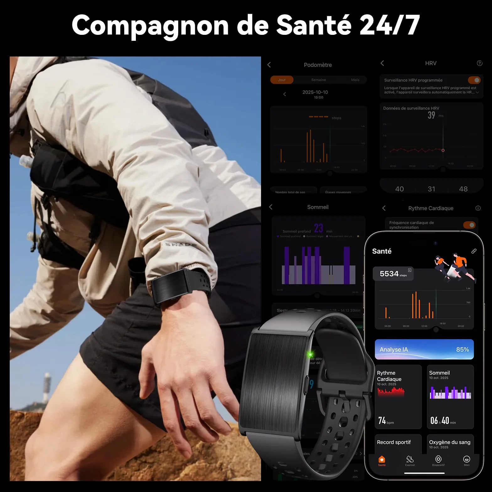 Bracelet Connecté Fitness Tracker 24/7 Suivi Activité Sommeil Fréquence Cardiaque Analyse IA 60 Jours Autonomie 170+ Sports sans Abonnement
