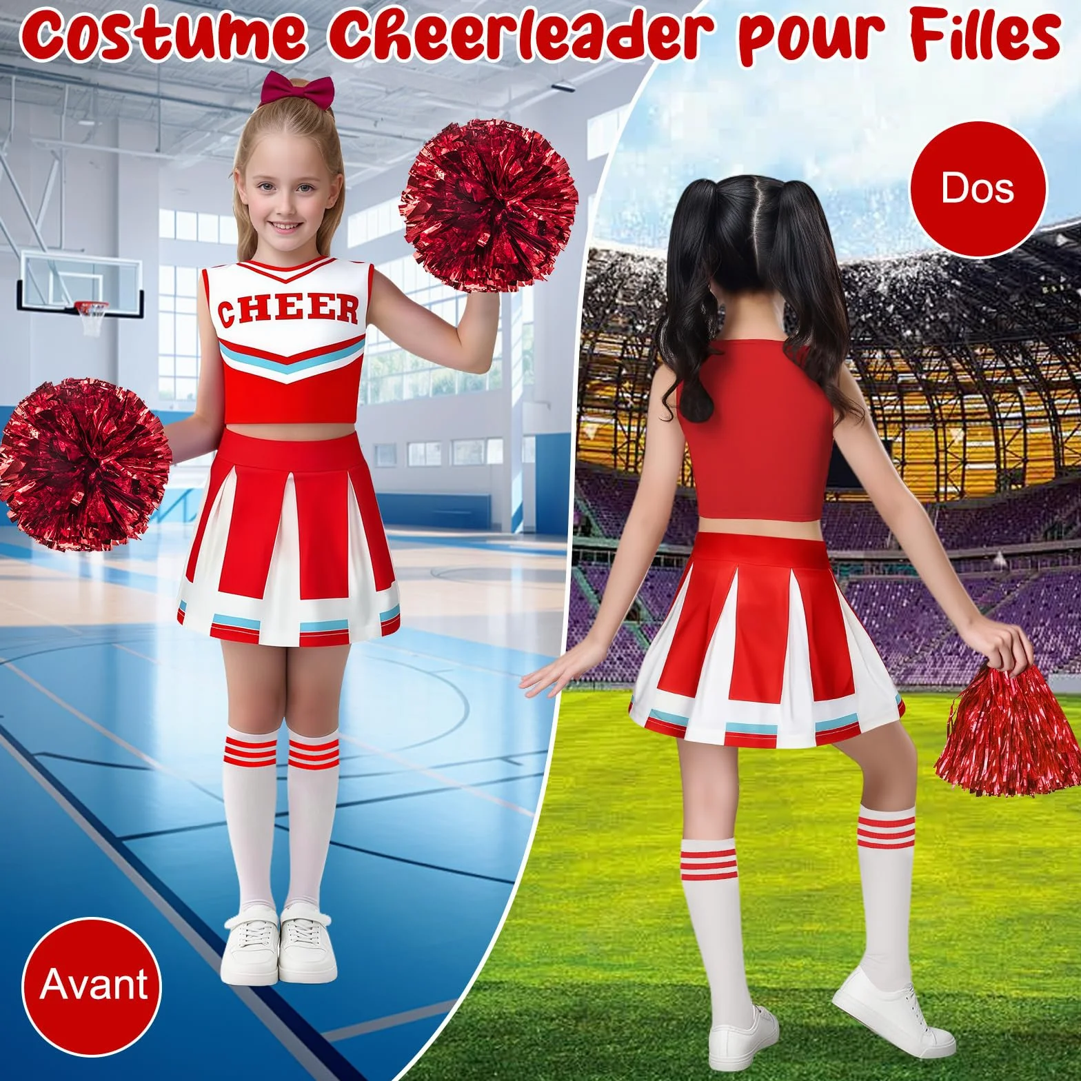 Luckyou Costume De Cheerleader Pompom Uniforme avec Pompoms Chaussettes Halloween Mascarade Carnaval