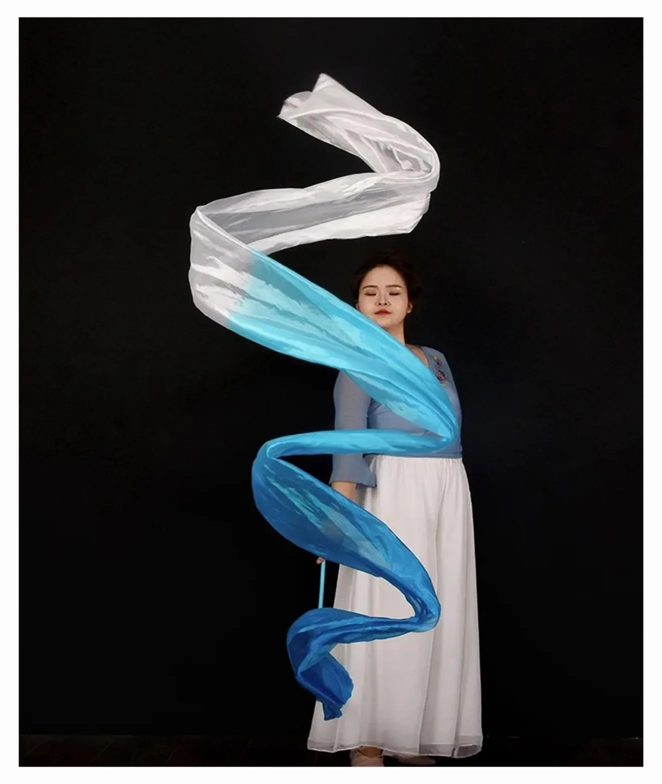 Banderole de Danse en Polyester à Fleurs, Rubans de Gymnastique Rythmique, Bleu Blanc