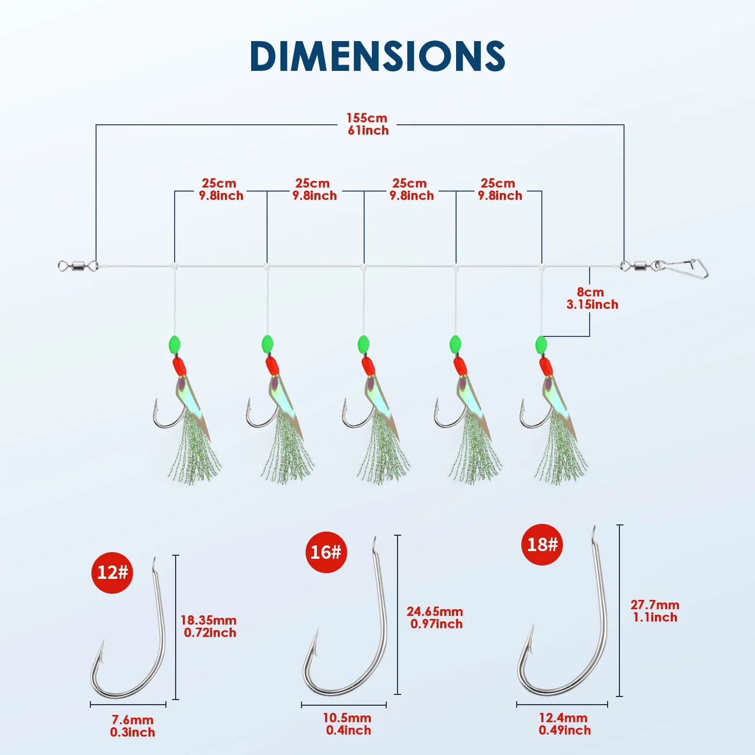 Lot de 6 Bas de Ligne à Plumes de Maquereau Pré-noués avec Perles Lumineuses Appâts Bioniques