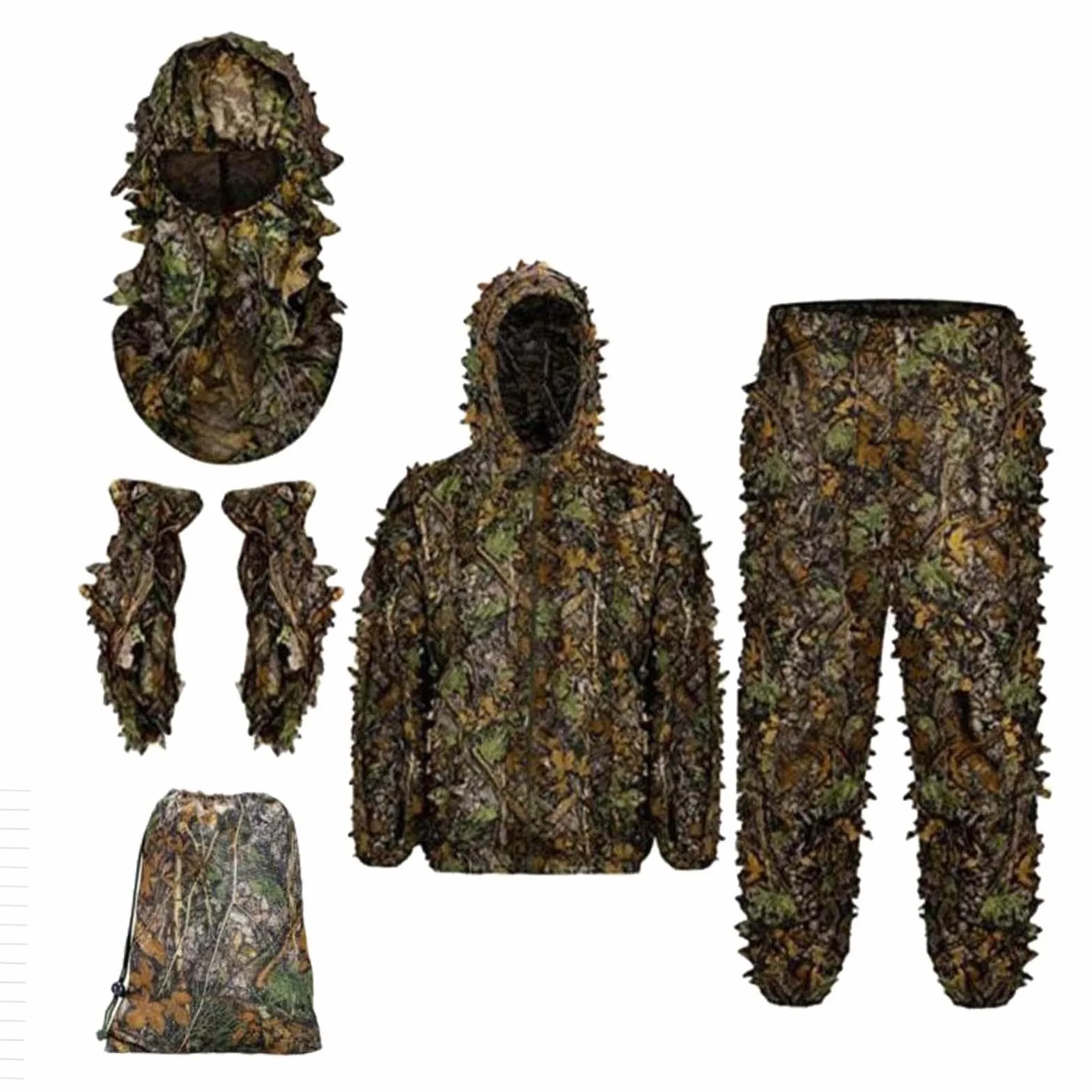 Milageto Ghillie Suit Set Woodland Camouflage 3D Leafy Hunting Costume for Outdoor Game, M L