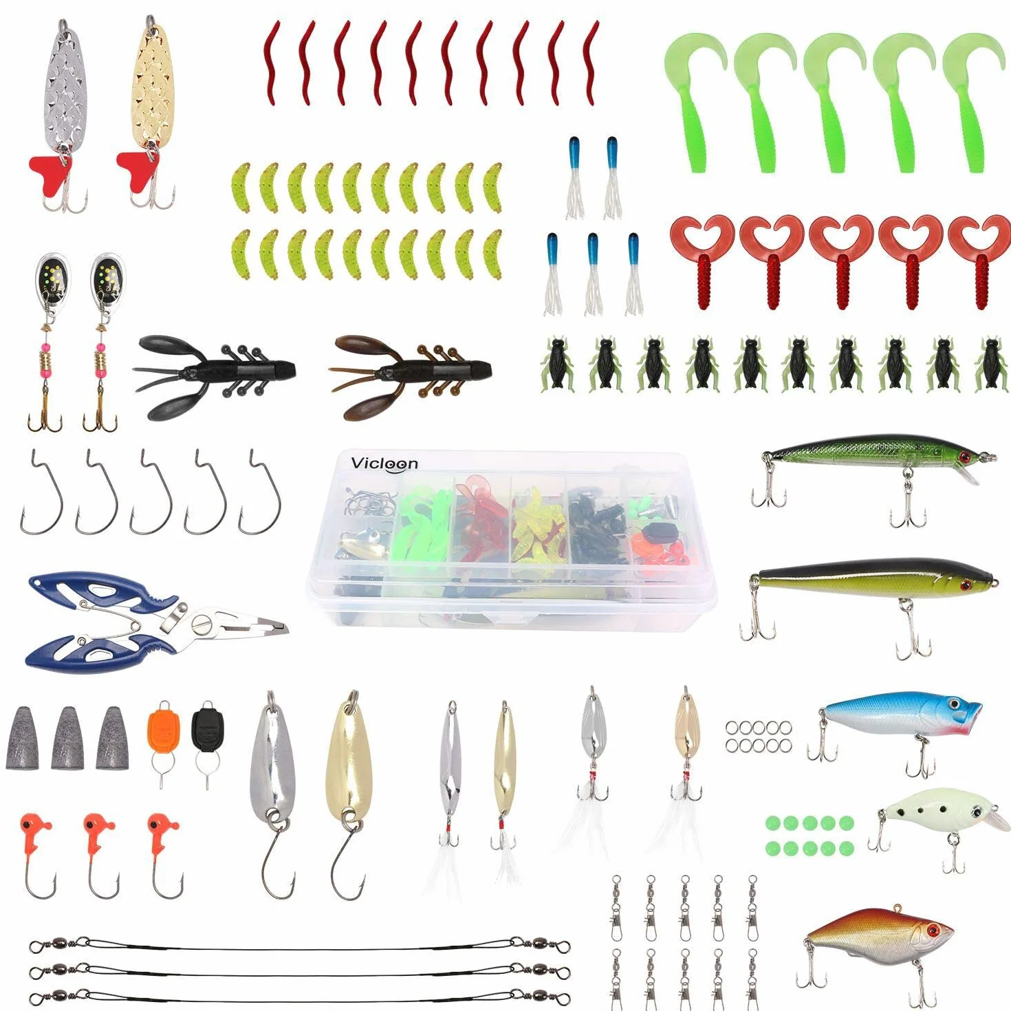 Vicloon Kit d'appâts de Pêche 101pcs - Leurres Durs et Souples avec Boîte