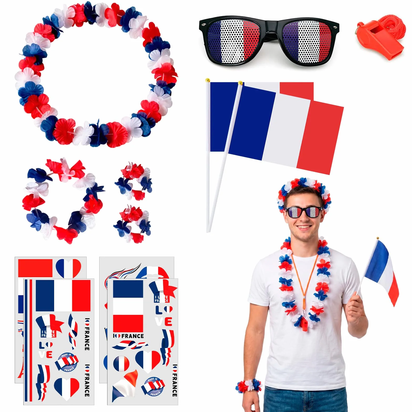 Kit Supporter France 2026 - Accessoires Bleu Blanc Rouge avec Lunettes Drapeau, Sifflet, Drapeaux, Stickers et Lei