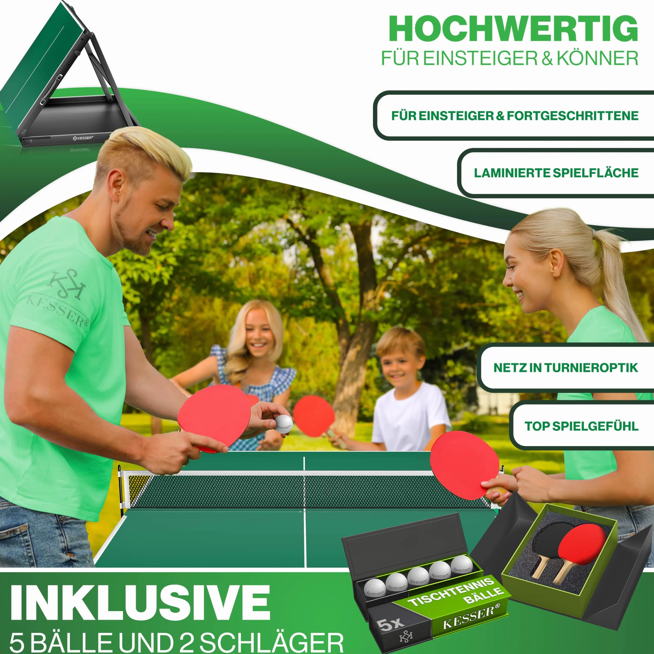 KESSER Mini table de ping-pong d'extérieur intérieur avec raquettes balles filet TT résistant aux intempéries laminé pliable