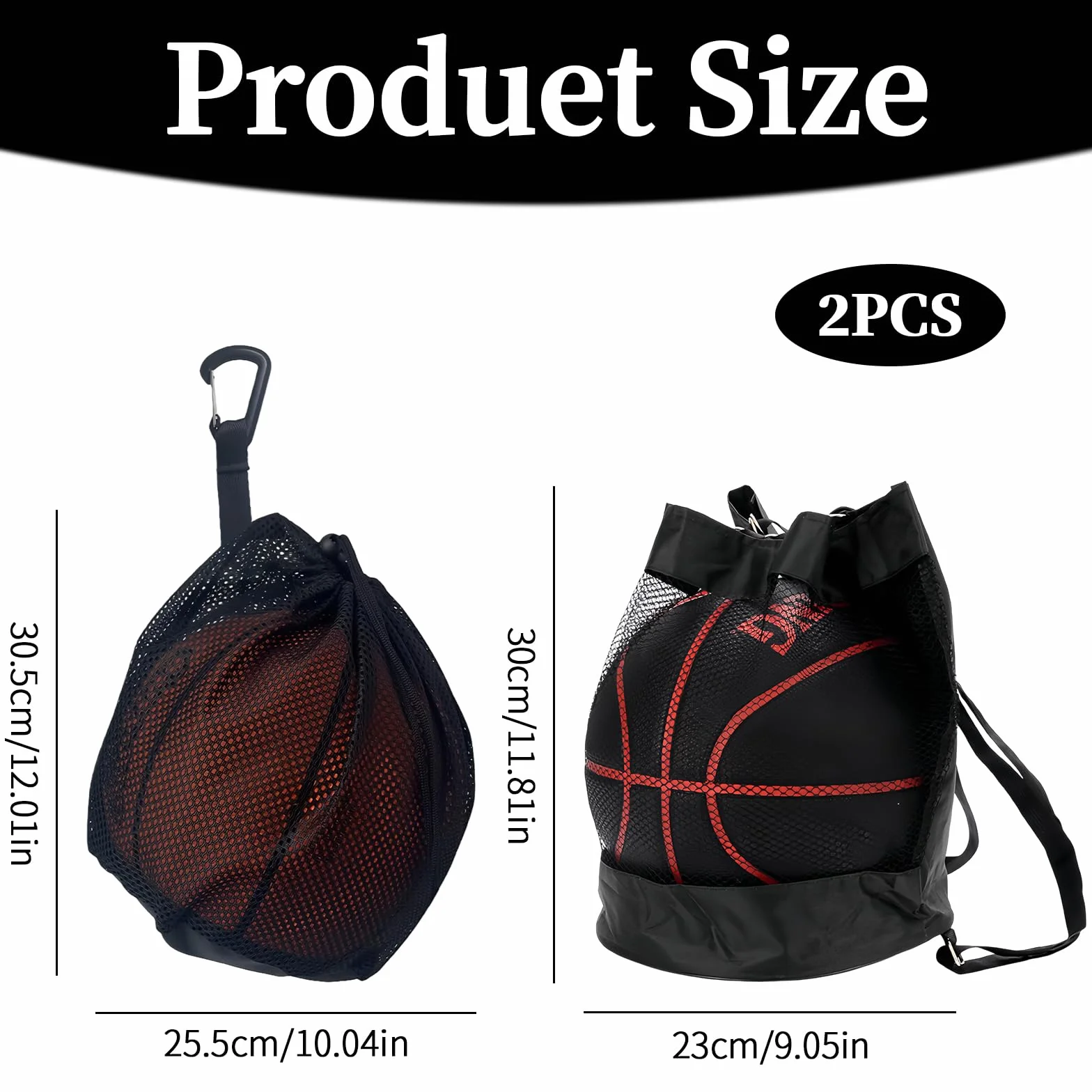 Lot de 2 sacs de basket-ball - Sac de ballon avec cordon de serrage - Sac en filet portable grande capacité