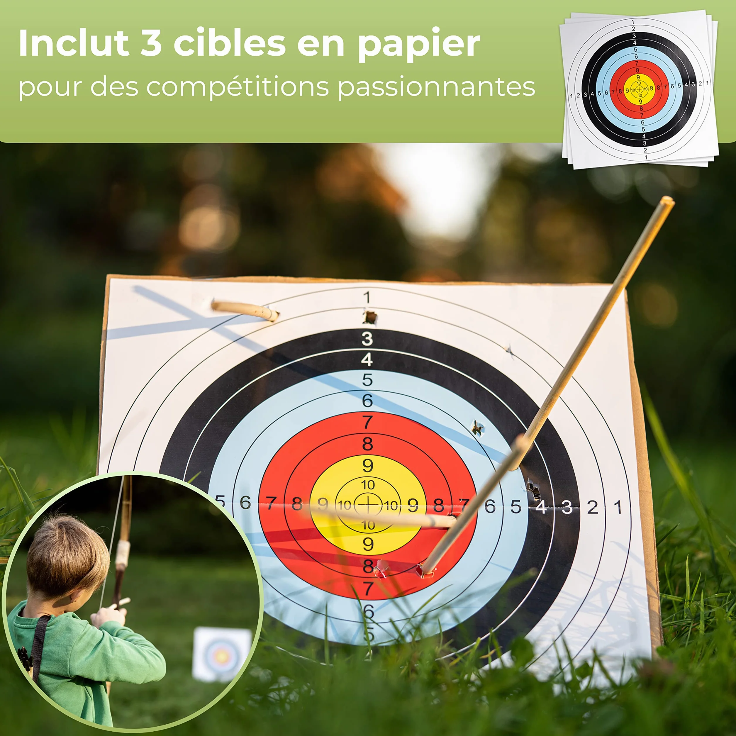BOWRILLA® Kit de tir à l'arc pour enfants avec 10 flèches, carquois et cibles