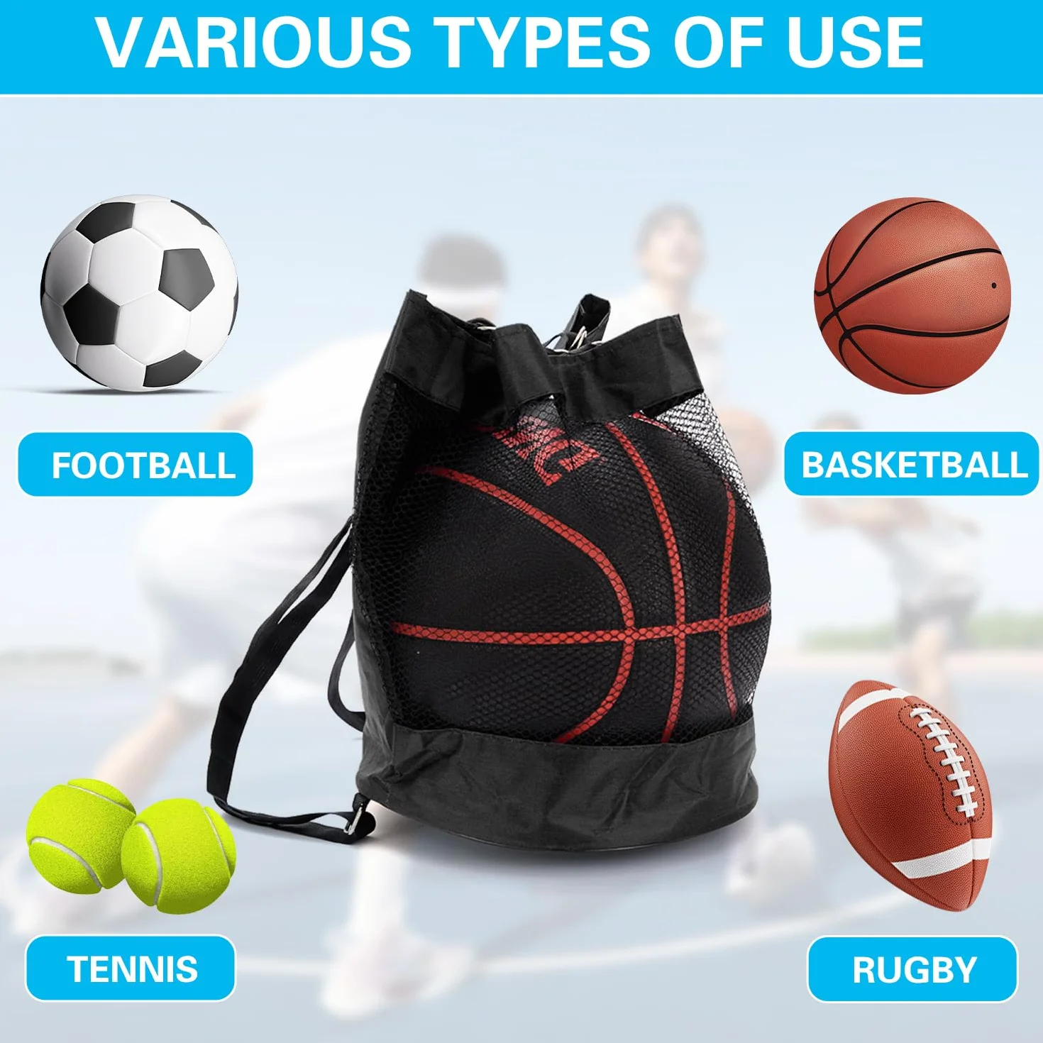 Sacs à Balles de Basket en Maille Oxford, Filet Pliable avec Poche Zippée pour Basketball, Football, Volley