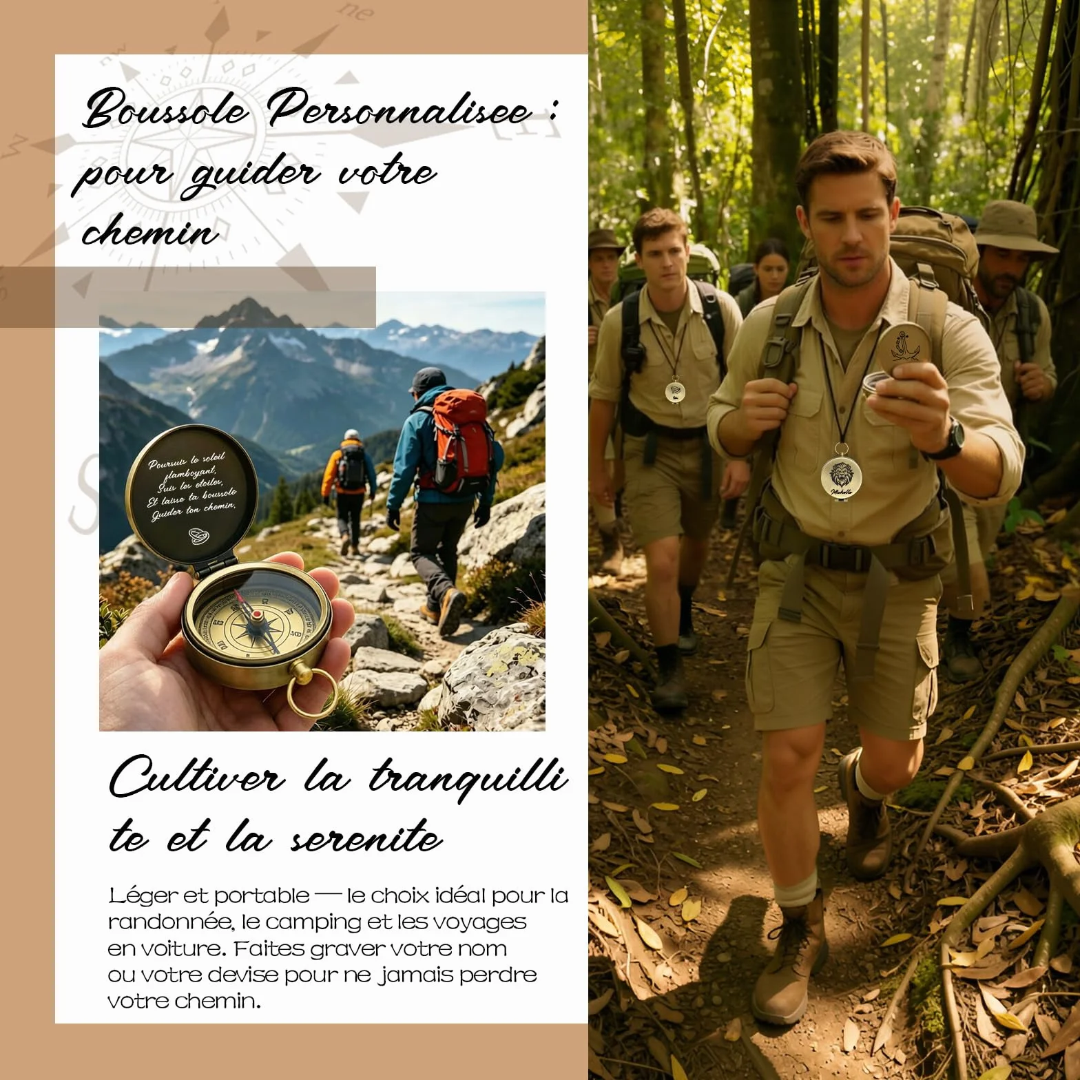 Boussole Personnalisée avec Nom Gravure Texte Icône Cadeau Homme Femme Aventurier