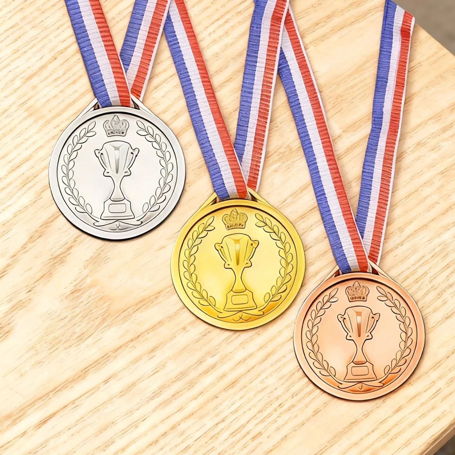 Lot de 30 Médailles Enfant avec Ruban Rouge Blanc Bleu 4,2x3,7cm pour Sport École Anniversaire
