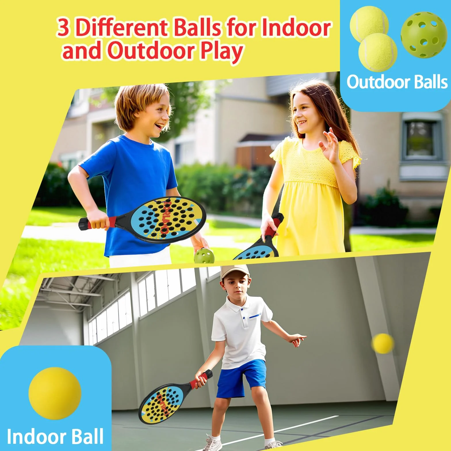 Smartwo Set de raquettes de padel pour enfants, raquettes légères débutants 6+ ans, 2 raquettes et 4 balles