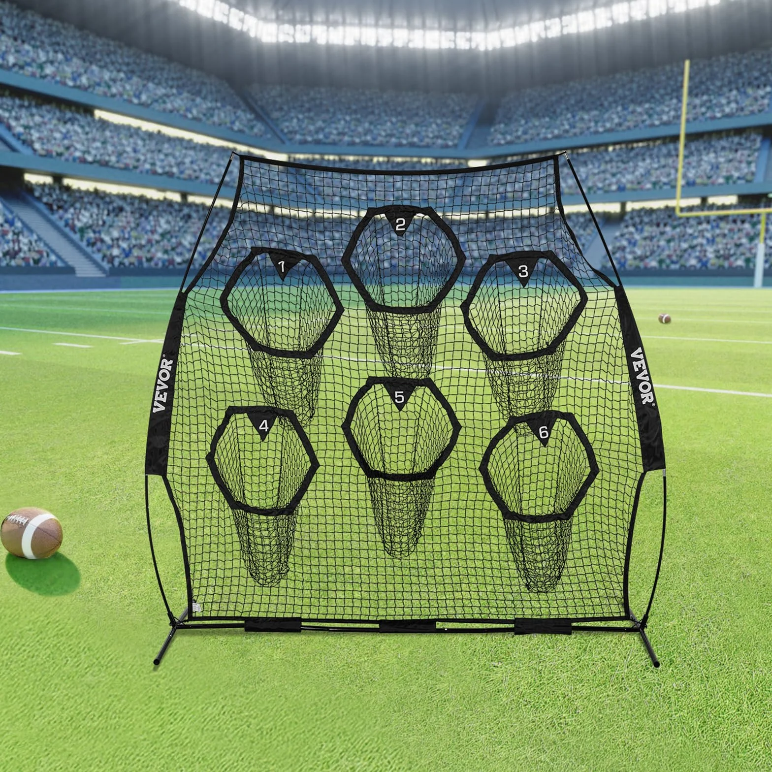 VEVOR Filet d'entraînement Football 274 x 243 cm, Filet de Lancer Rugby 6 Poches Cibles, Sans Nœuds, Sangles et Étui Transport Inclus, Noir