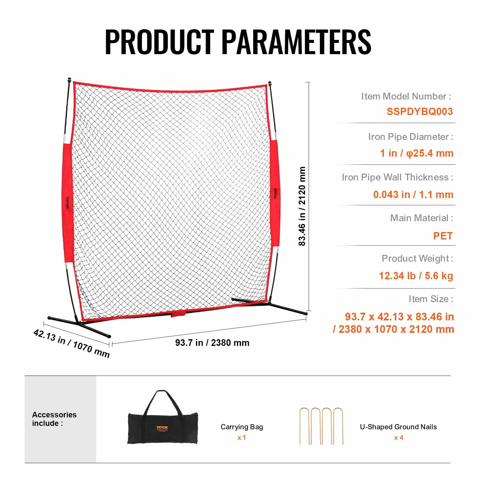 VEVOR Filet d'Entraînement Baseball Softball 238x212 cm, Filet de Protection Portable avec Sac de Transport, Équipement pour Receveur Crosse Football Hockey Jardin