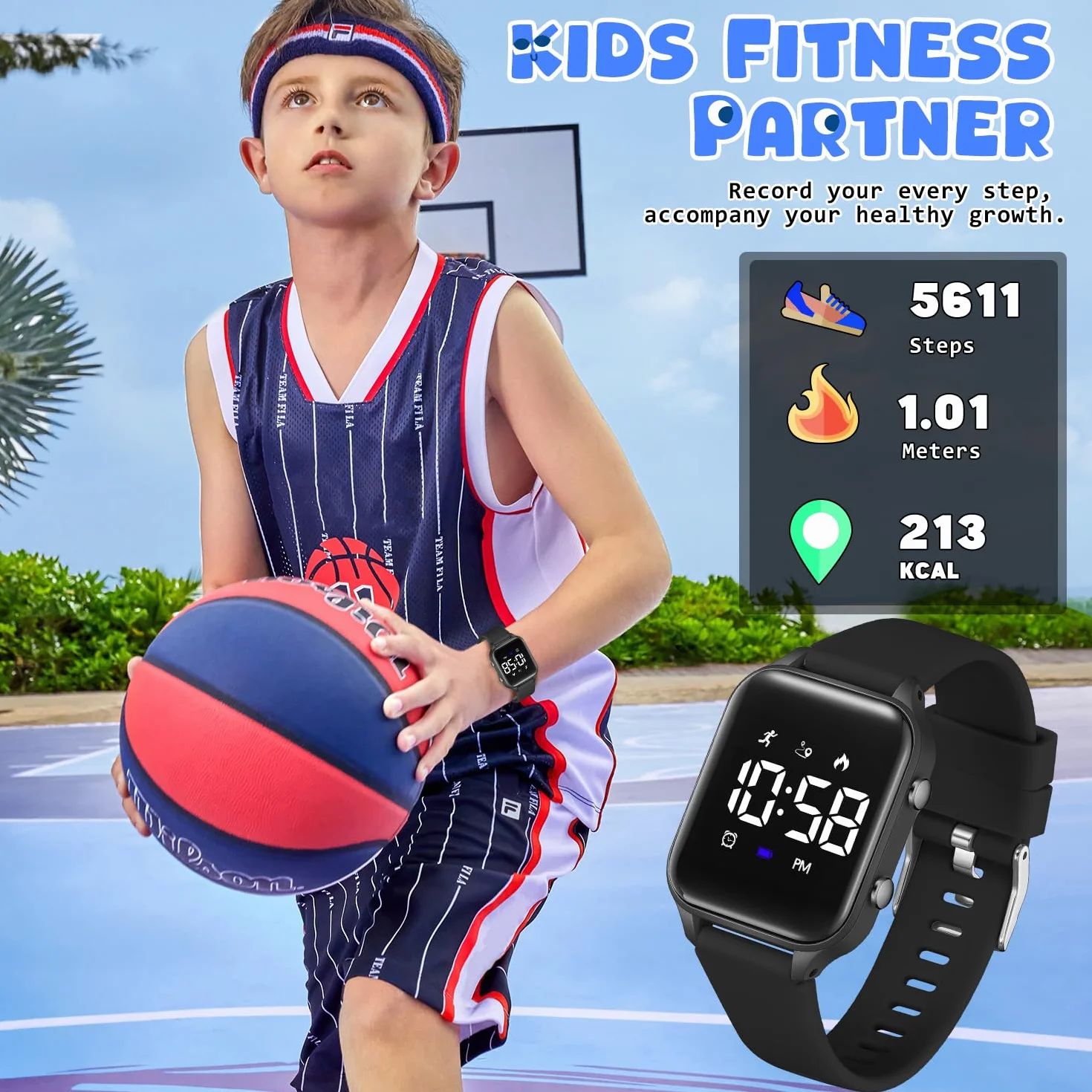 Caprock Montre Numérique LED Podomètre Enfants étanche 50 ATM Digitale avec Distance Vibration Double réveil Chronomètre