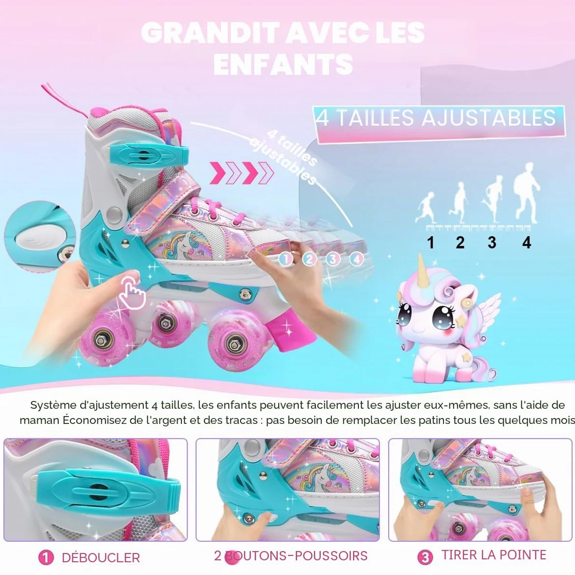 Rollers Enfant Réglables 4 Tailles 8 Roues Clignotantes Garçons Filles Débutants