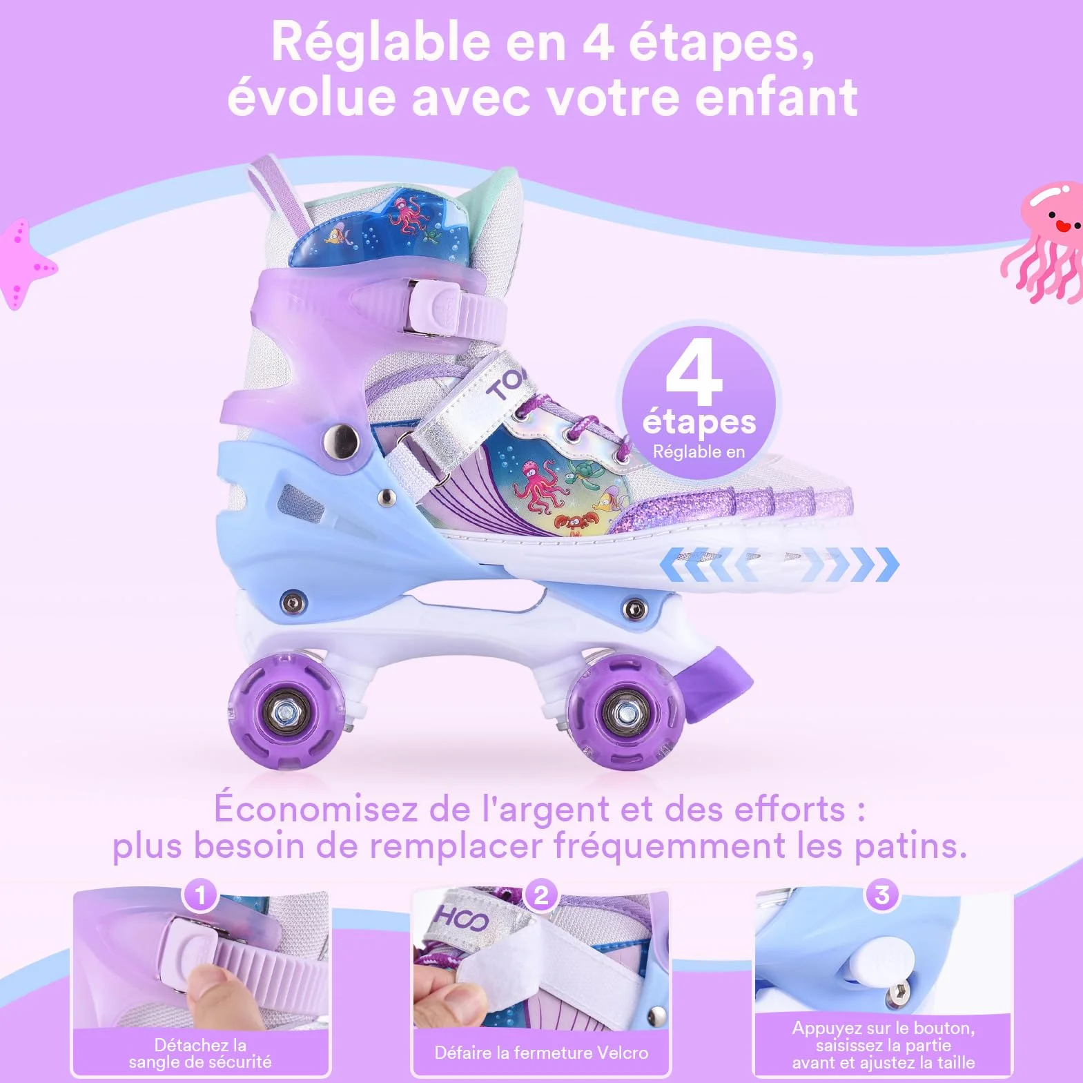 TOMSHOO Roller Enfant Fille avec LED Lumineuse Roues 4 Taille Réglable Rollers Quad Débutants