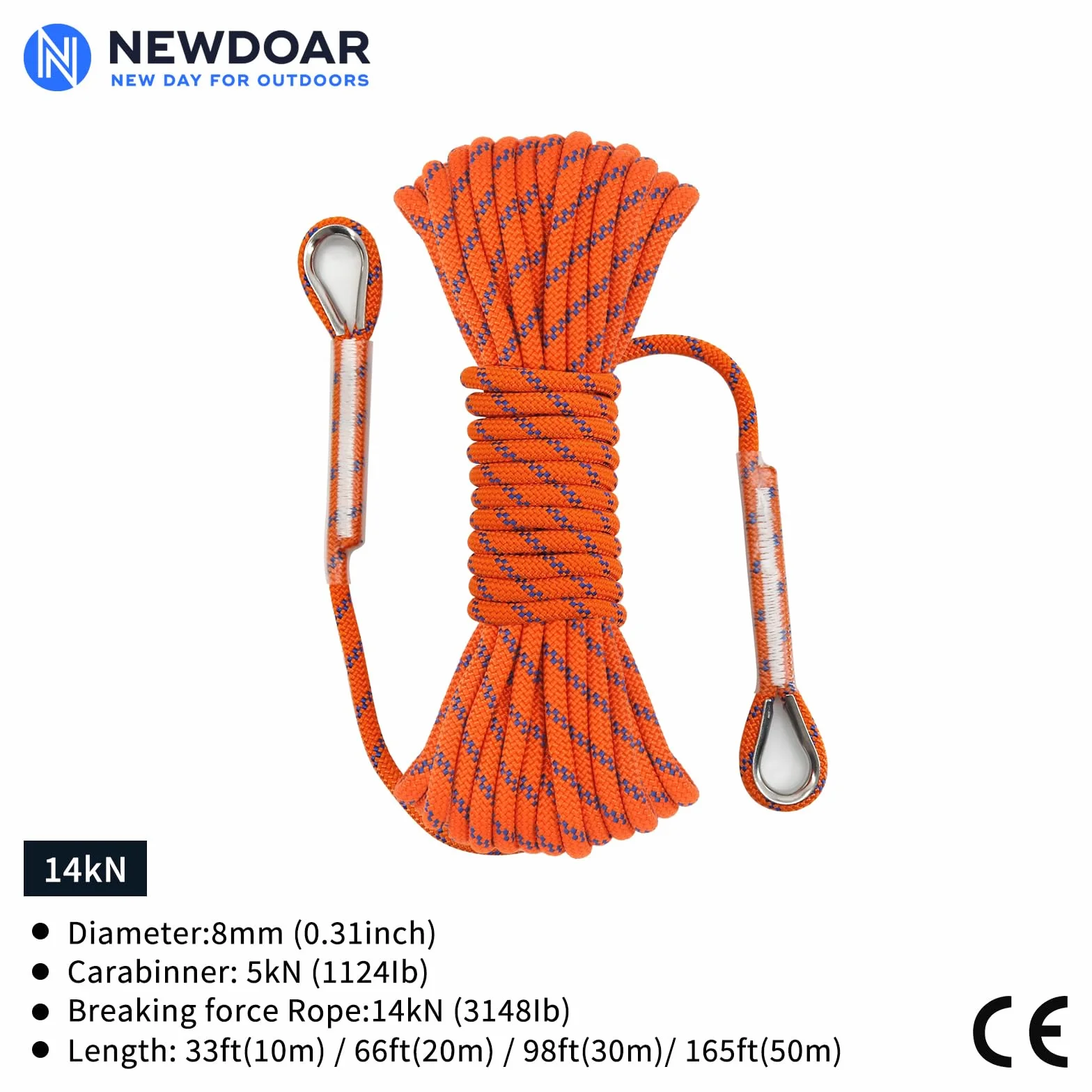 NewDoar 14KN Corde d'escalade Statique 8mm Cordon Accessoire 10m 20m 30m 50m avec 2 Mousquetons Orange