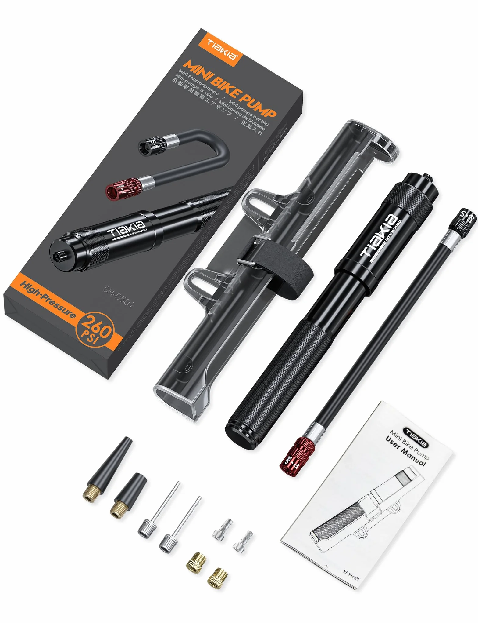 Tiakia Pompe à Vélo Haute Pression 260PSI Compacte Légère avec Support Valve Presta Schrader Dunlop