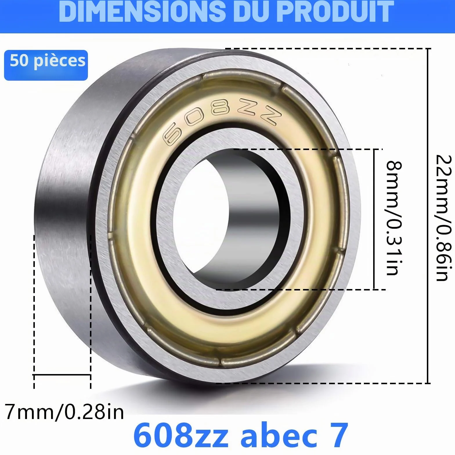 Roulement 608ZZ 8x22x7mm Roulements à Billes Double Blindage pour Skateboards Rollers