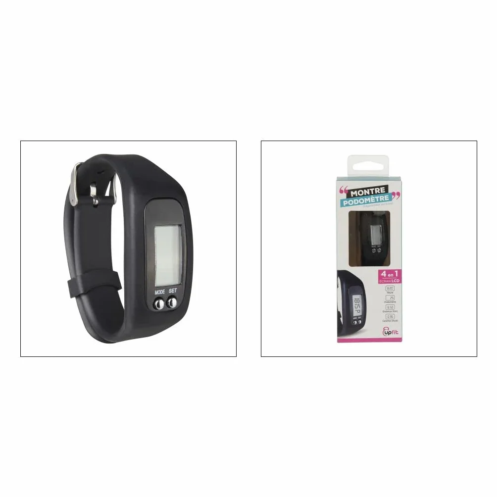 UPFIT Montre podomètre Ecran LCD Couleur Noire Indique heure distance calories pas Bracelet Silicone