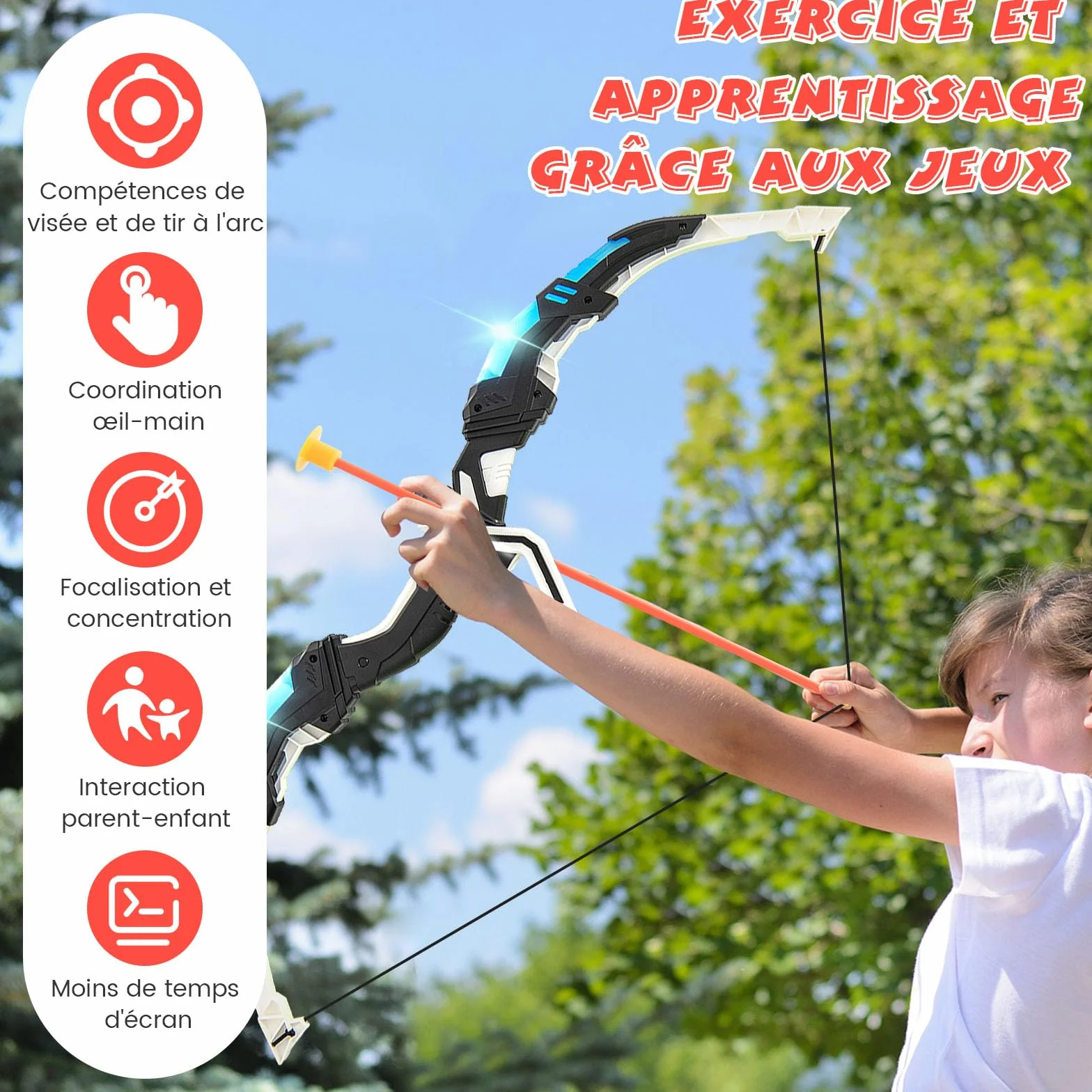 GOPLUS Arcs et Flèches Enfants, Ensemble Tir à l'arc LED avec 20 Flèches à Ventouse, 2 Carquois, Cible détachable