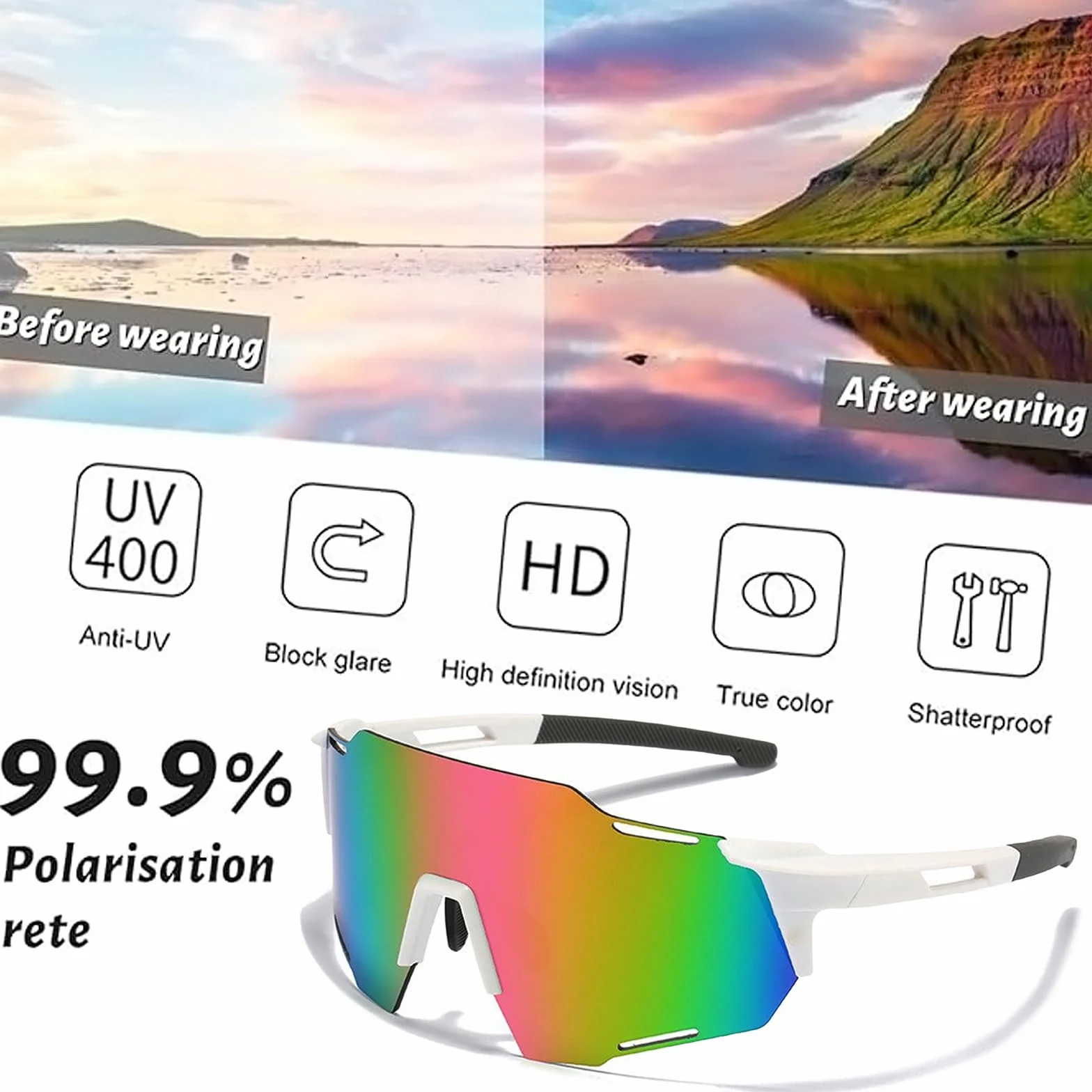 Lunettes de Soleil Sport Polarisées UV400 Lot de 2 Homme Femme Cyclisme Pêche Conduite