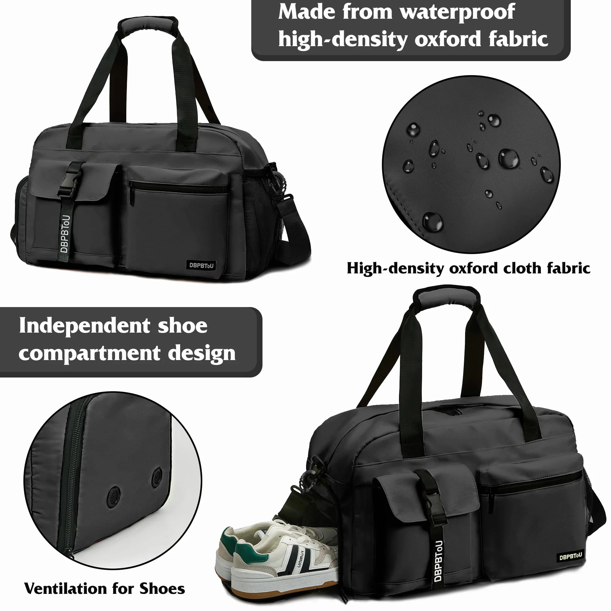Sac de Sport Femme Homme avec Compartiment à Chaussures, Sac de Voyage Imperméable Noir