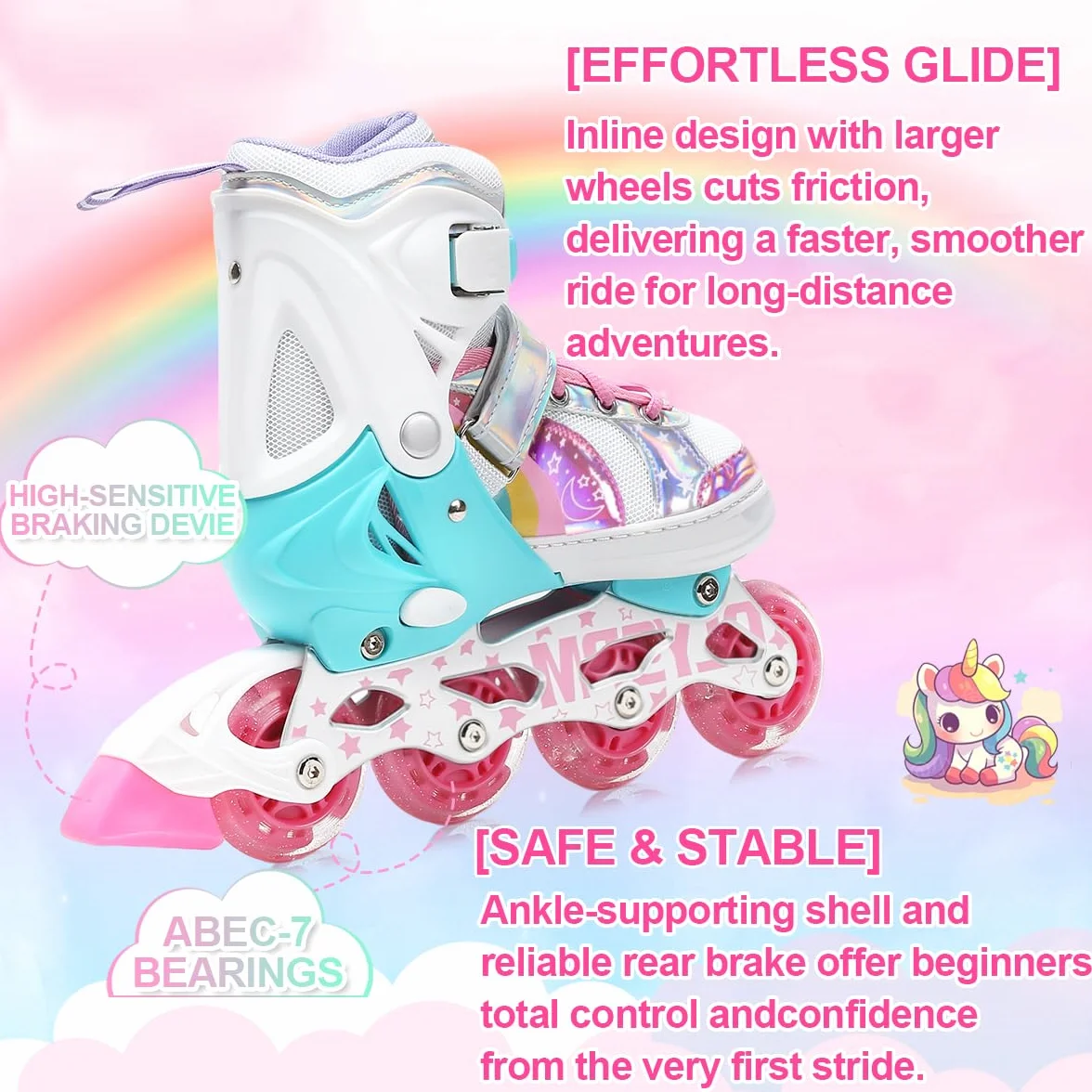 Patin à Roulettes Fille Roues Lumineuses Rollers en Ligne Tailles Ajustables Design Arc-en-Ciel Cadeau Anniversaire Noël Débutants