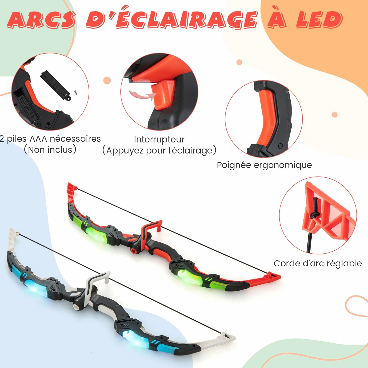 GOPLUS Arcs et Flèches Enfants, Ensemble Tir à l'arc LED avec 20 Flèches à Ventouse, 2 Carquois, Cible détachable