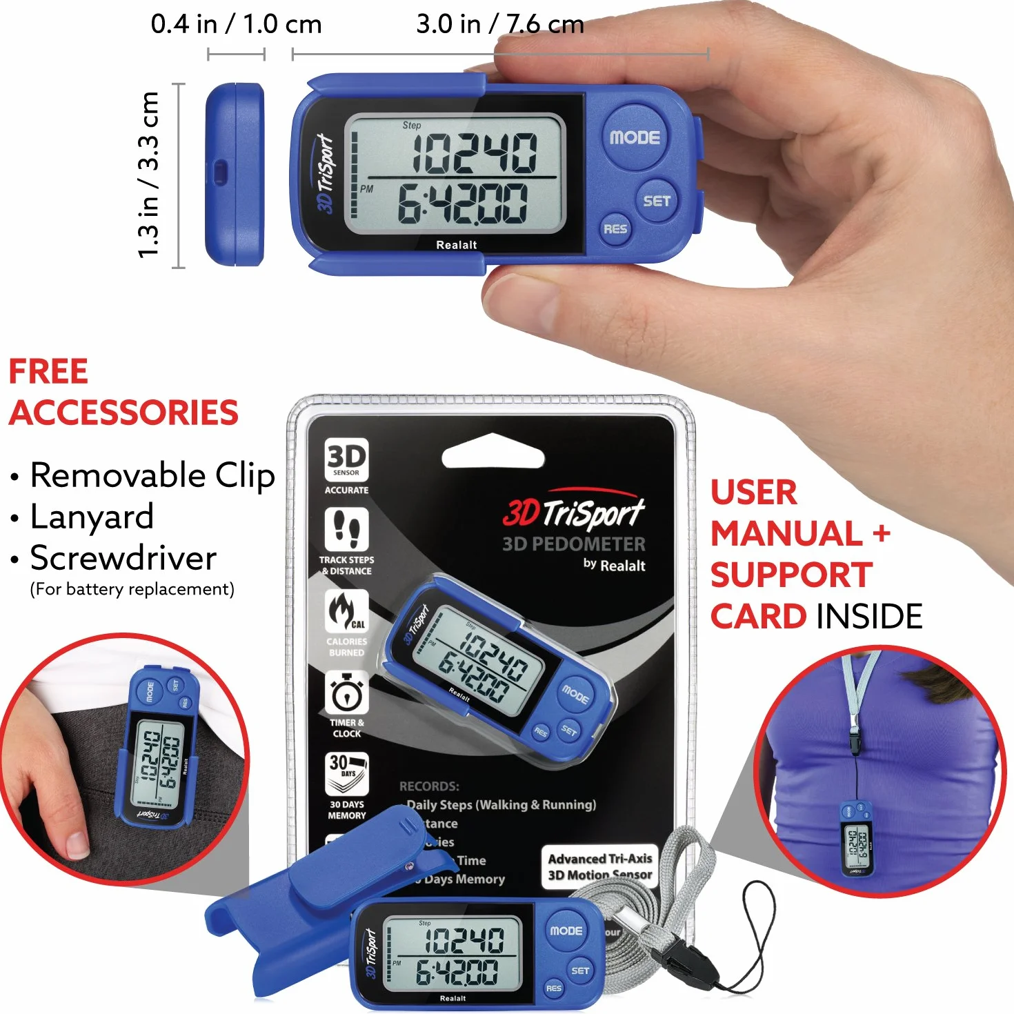 Realalt 3DTriSport Podomètre 3D précis Portable avec Clip et Sangle