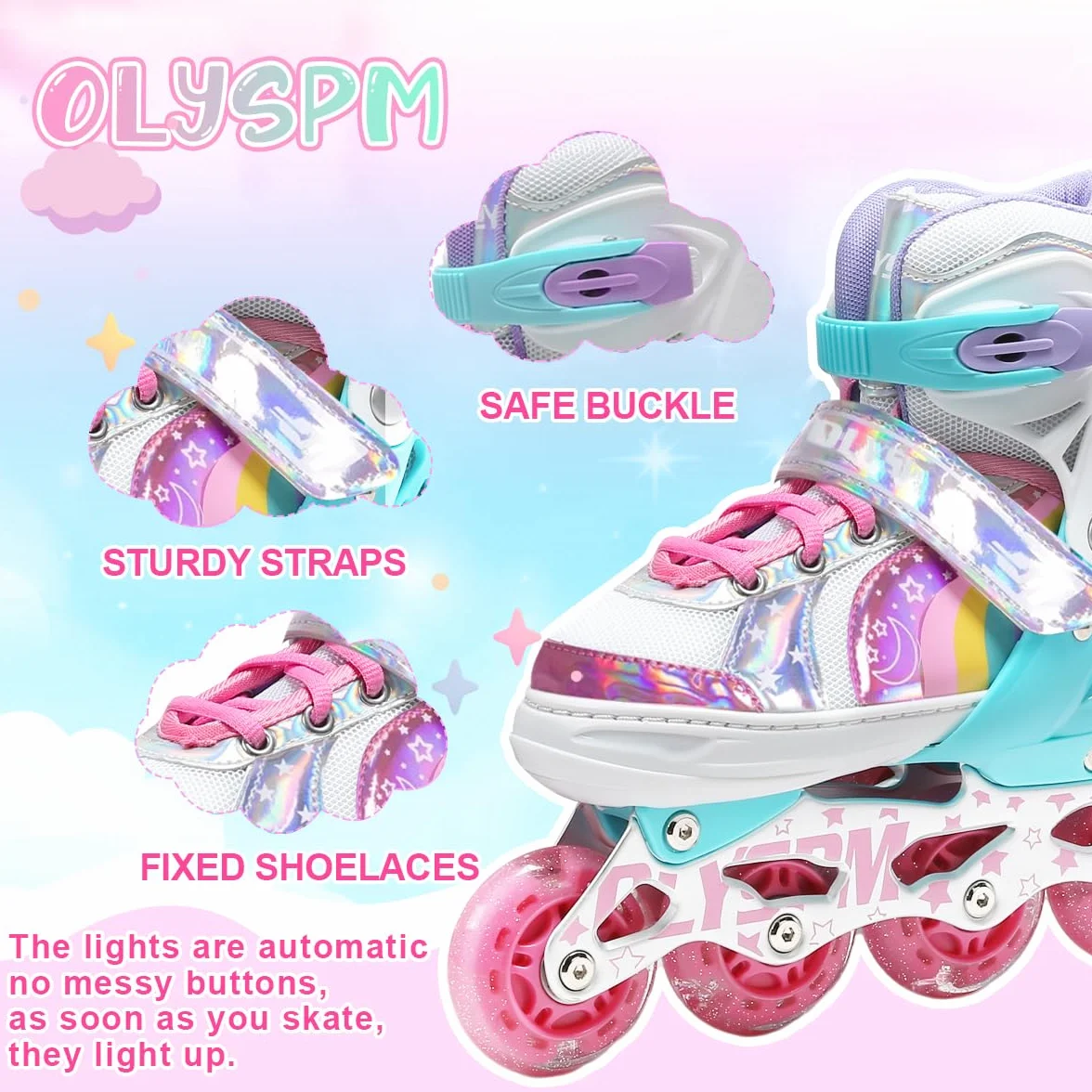 Patin à Roulettes Fille Roues Lumineuses Rollers en Ligne Tailles Ajustables Design Arc-en-Ciel Cadeau Anniversaire Noël Débutants