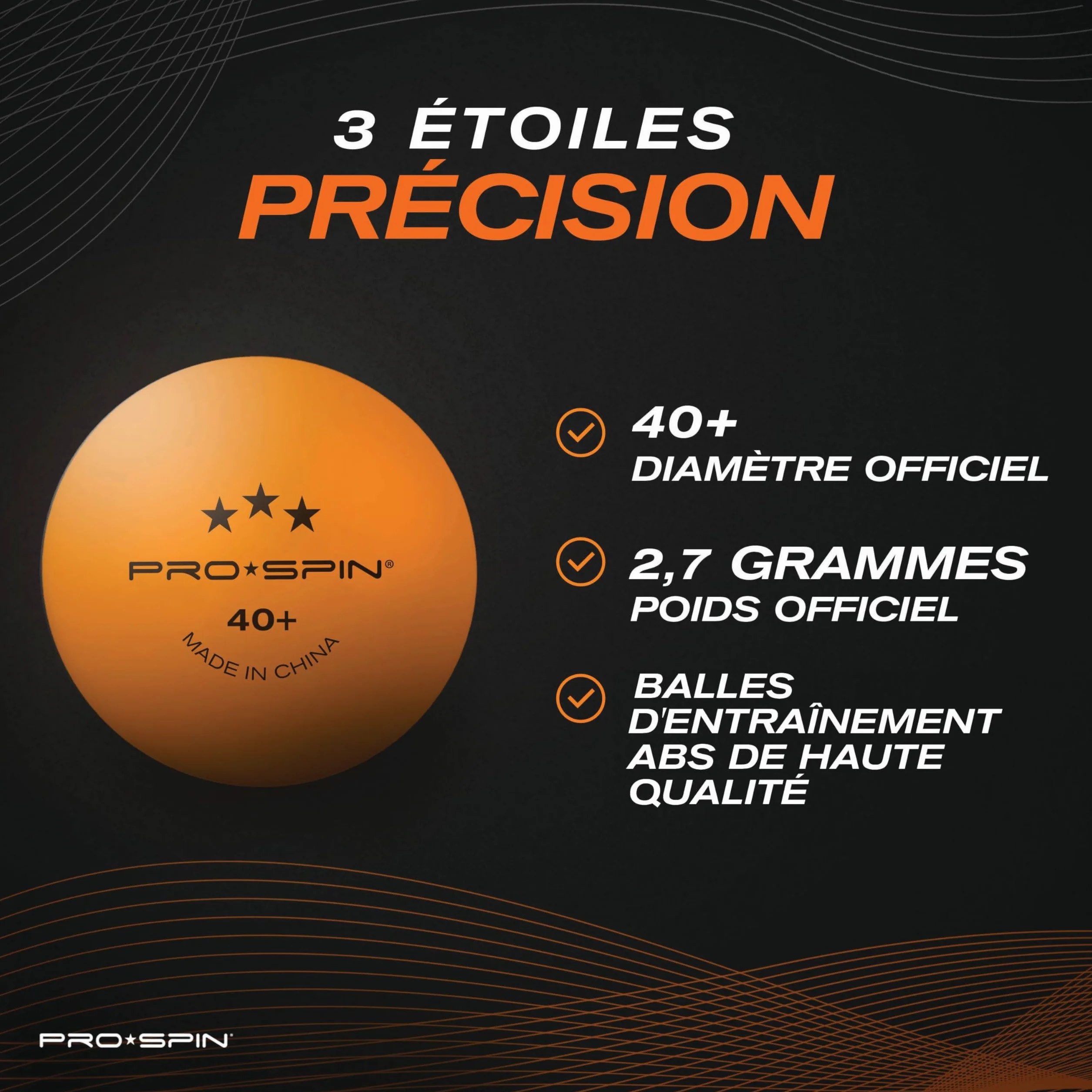 PRO-SPIN Balles de Ping-Pong 3 Étoiles Orange 40+ ABS Lot de Balles pour Tennis de Table Intérieur Extérieur