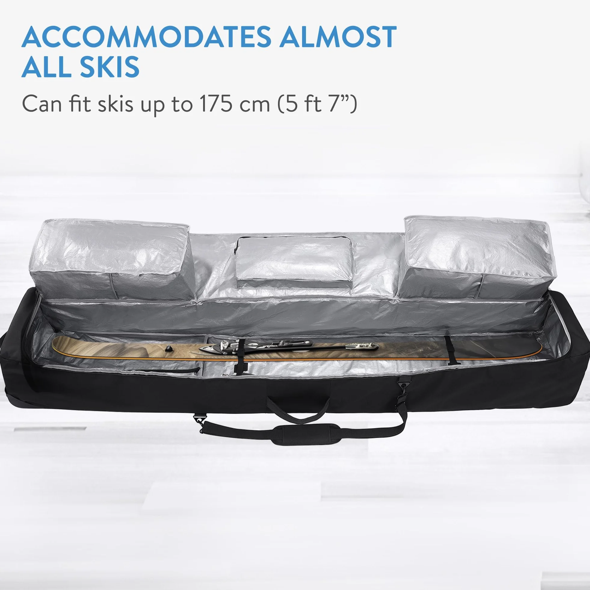 Sac pour Skis TeamObsidian Jusqu'à 175 cm Housse avec Bandoulière Amovible Roulettes Rembourrage Mousse 10 mm