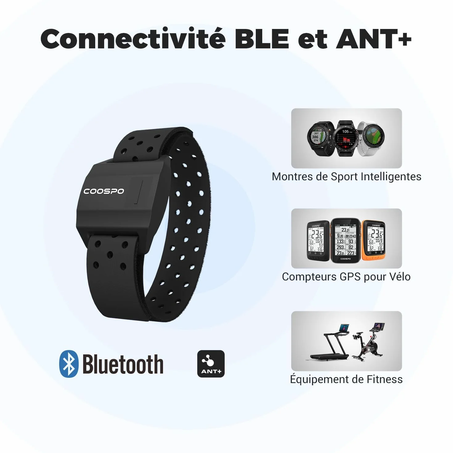 COOSPO Brassard optique Bluetooth 4.0 ANT+ compatible iFit Polar Strava Wahoo Garmin Peloton