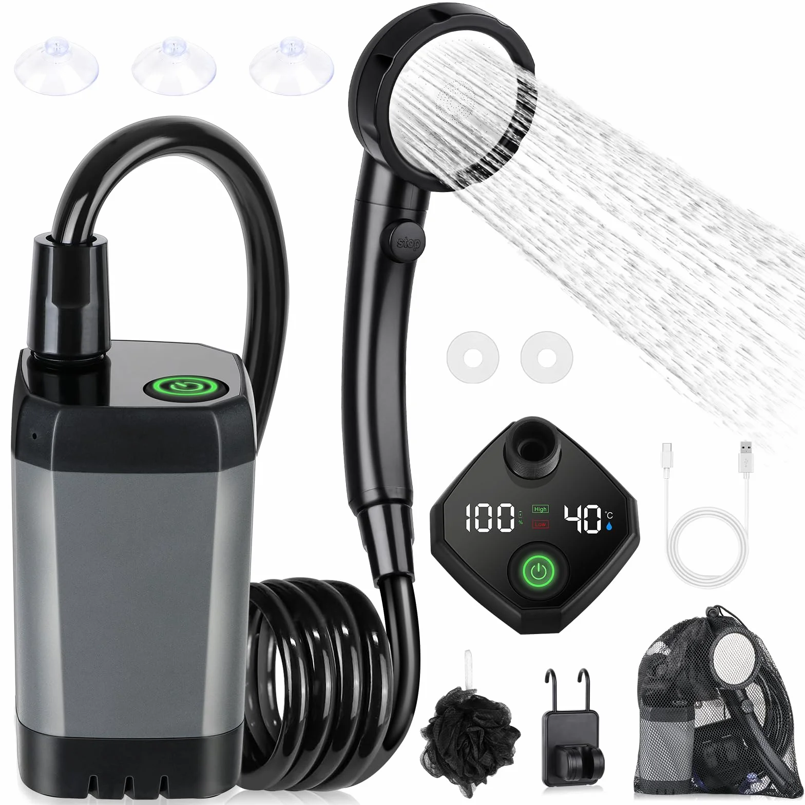Pompe de Douche Électrique Rechargeable Imperméable Kit Douche de Camping Portable avec Afficheur Intelligent Pomme de Douche 4 Modes