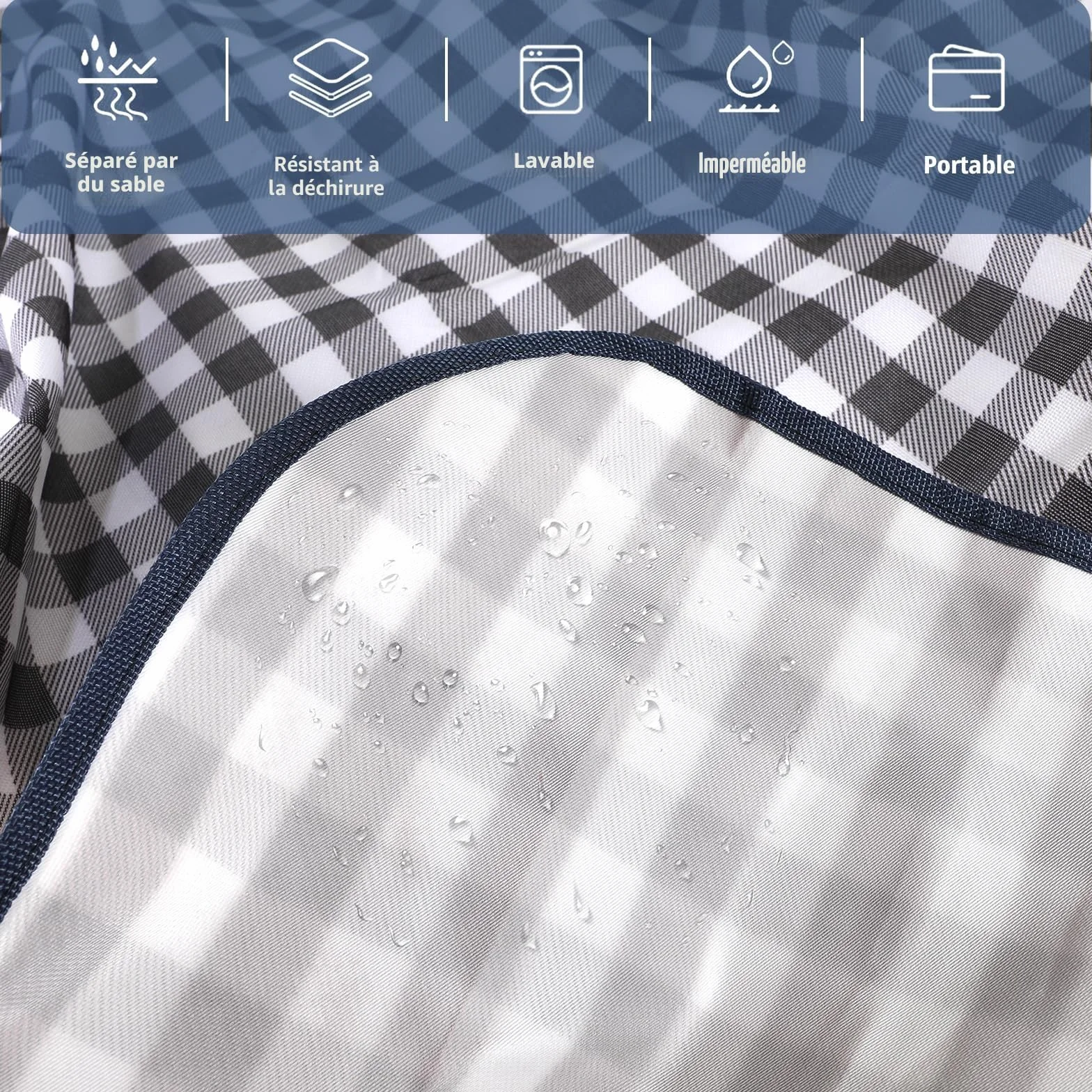 Grande couverture de pique-nique imperméable 200x300 cm pliable avec poignée lavable en machine (grille bleue)