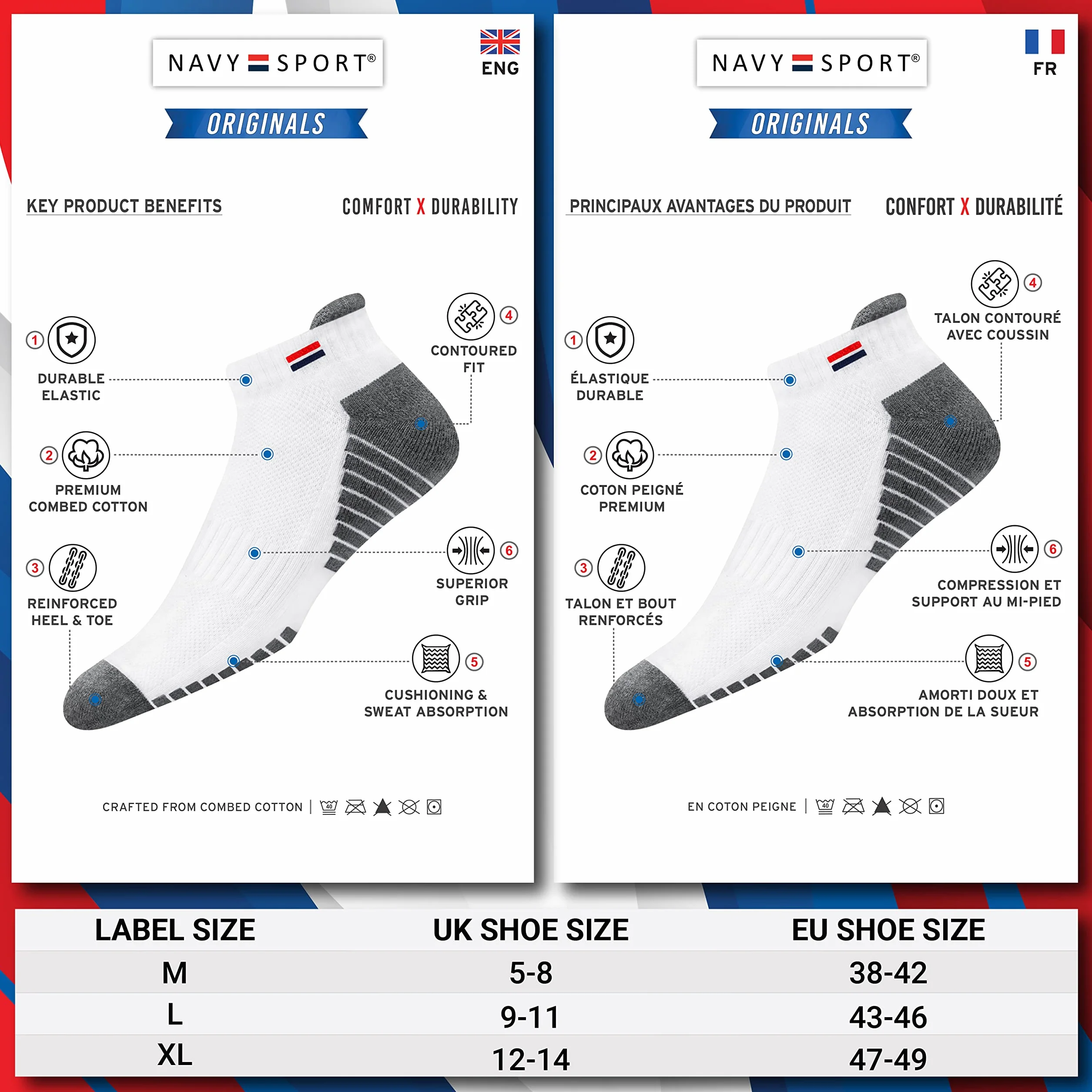NAVYSPORT Chaussettes de Sport Basses Homme Coton Lot de 6 Paires Courtes