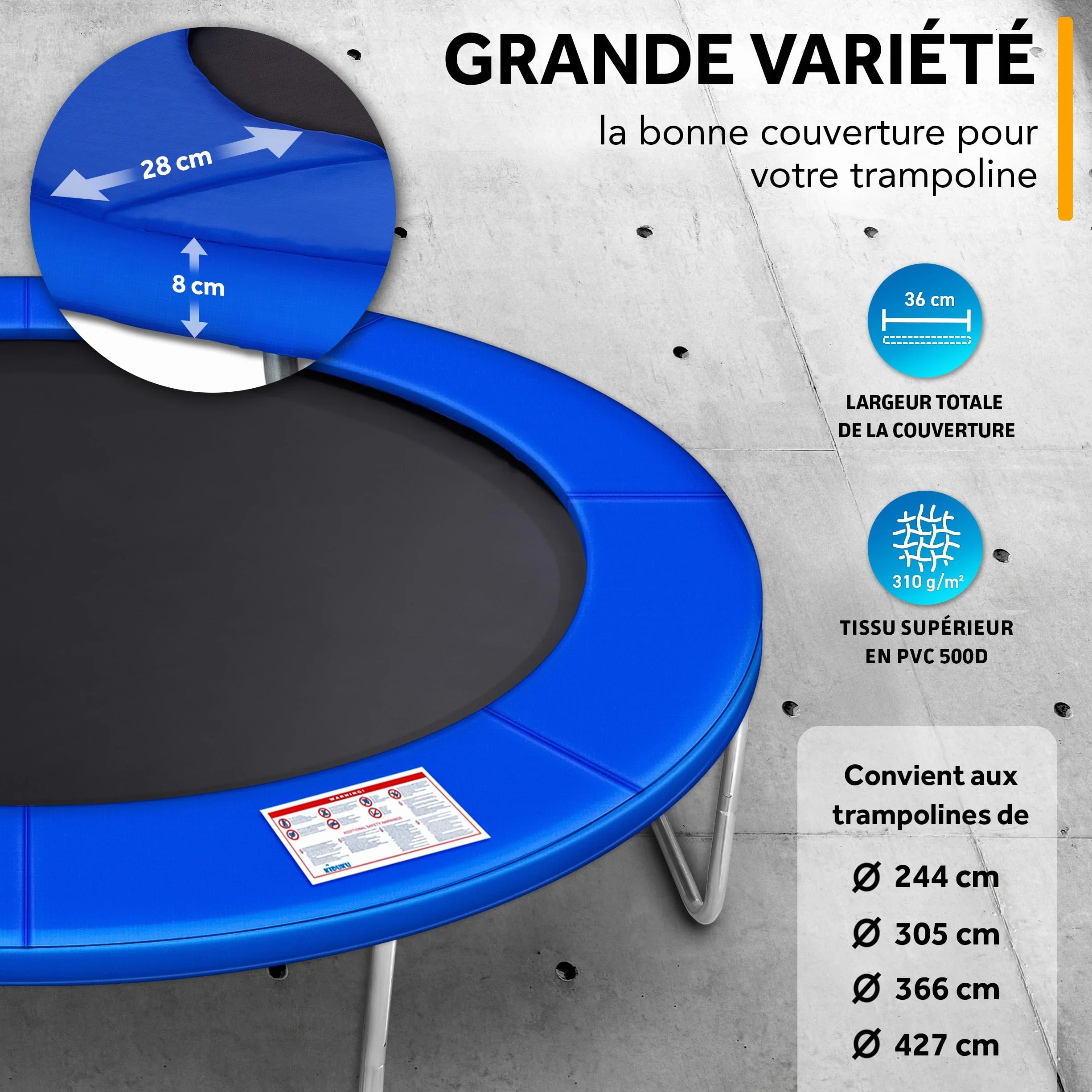 KIDUKU Coussin de Protection pour Trampoline 244 305 366 427 cm Rembourrage résistant aux intempéries UV Gel
