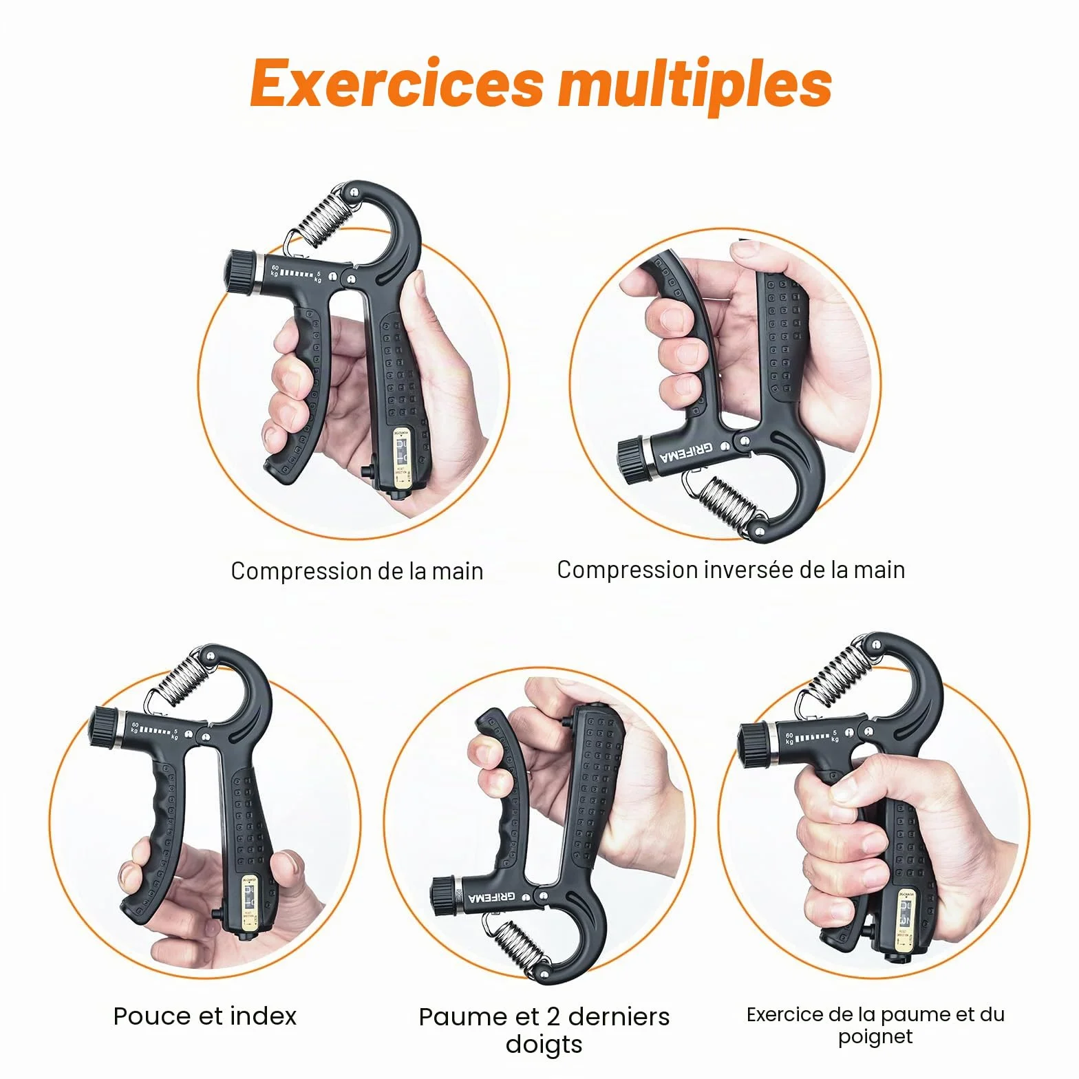 GRIFEMA GA5003 Hand Grip Musculation avec Compteur, Résistance Réglable 5-60kg, Noir
