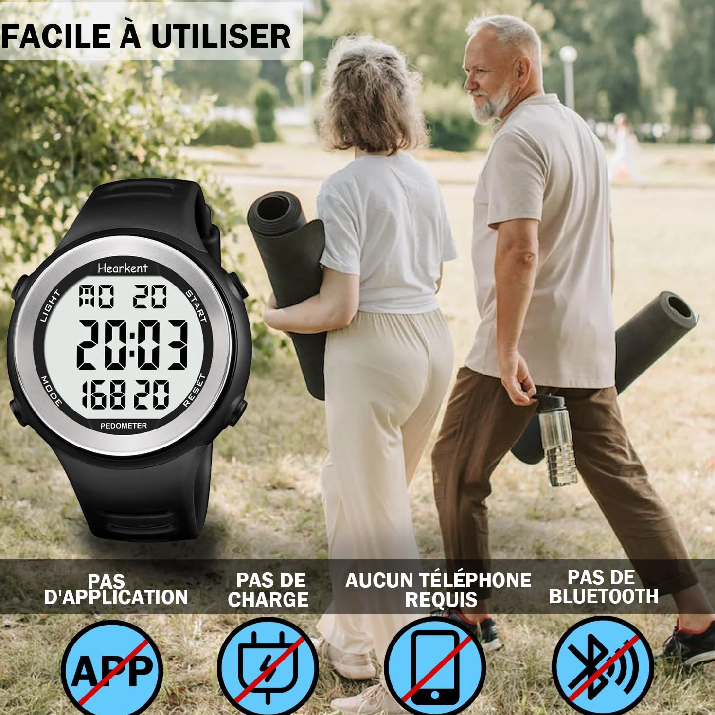 Hearkent Montre podomètre étanche pour Personnes âgées sans Bluetooth Compteur de Pas Noir