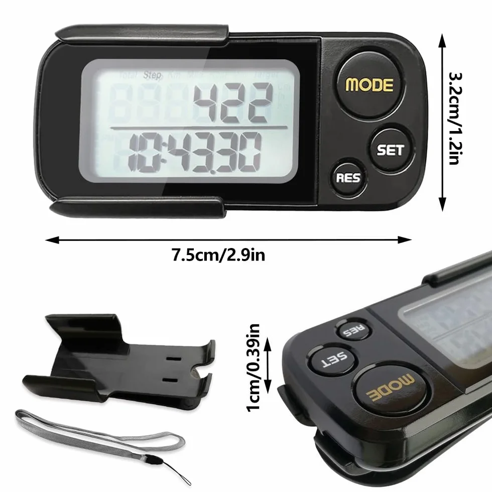 Podomètre Numérique 3D Portable avec Clip et Lanière, Compteur de Pas Distance Calories Horloge, Noir