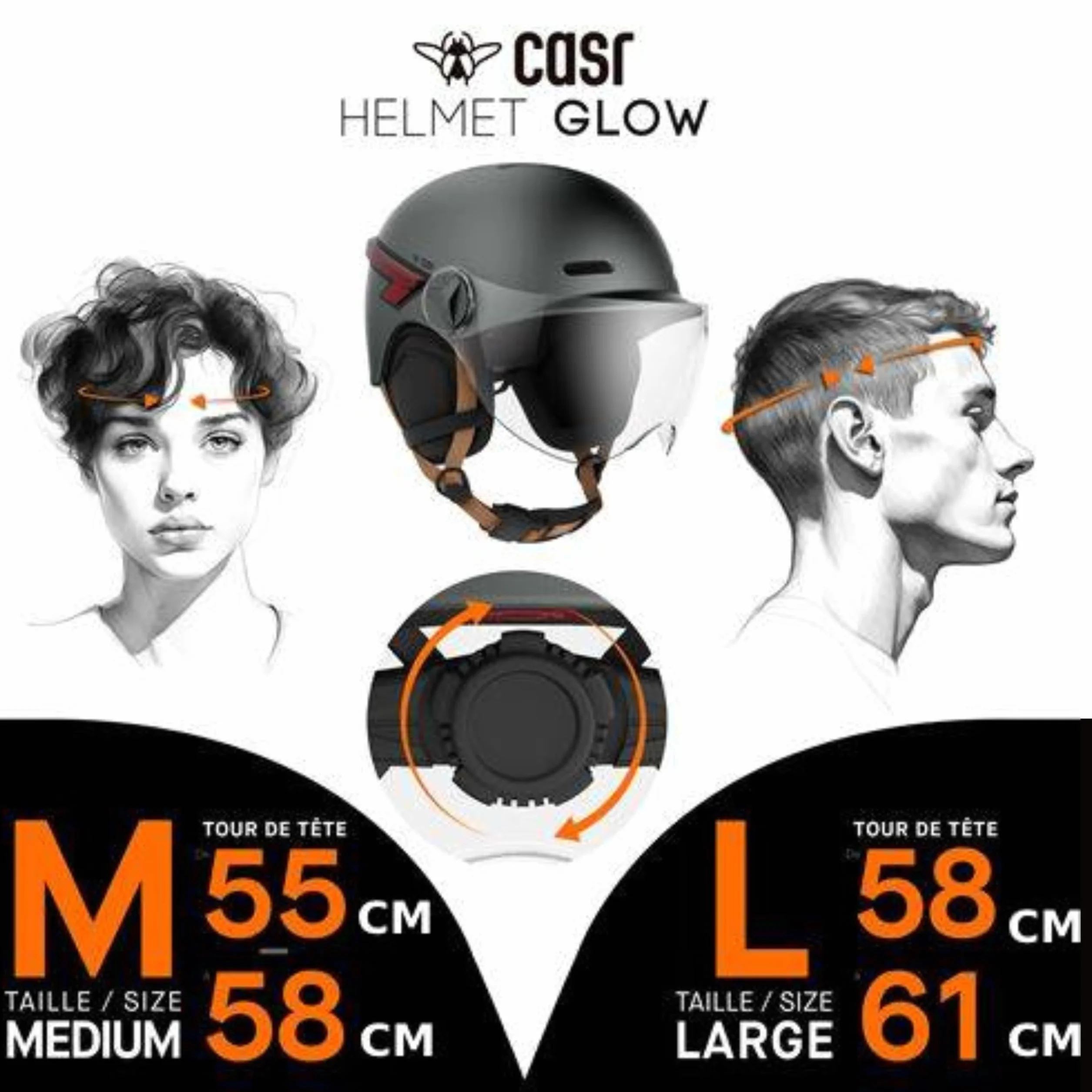 CASR Glow Casque LED Vélo Trottinette Visière XL Cache-Oreilles Amovibles Clignotants Télécommande Gris Taille L