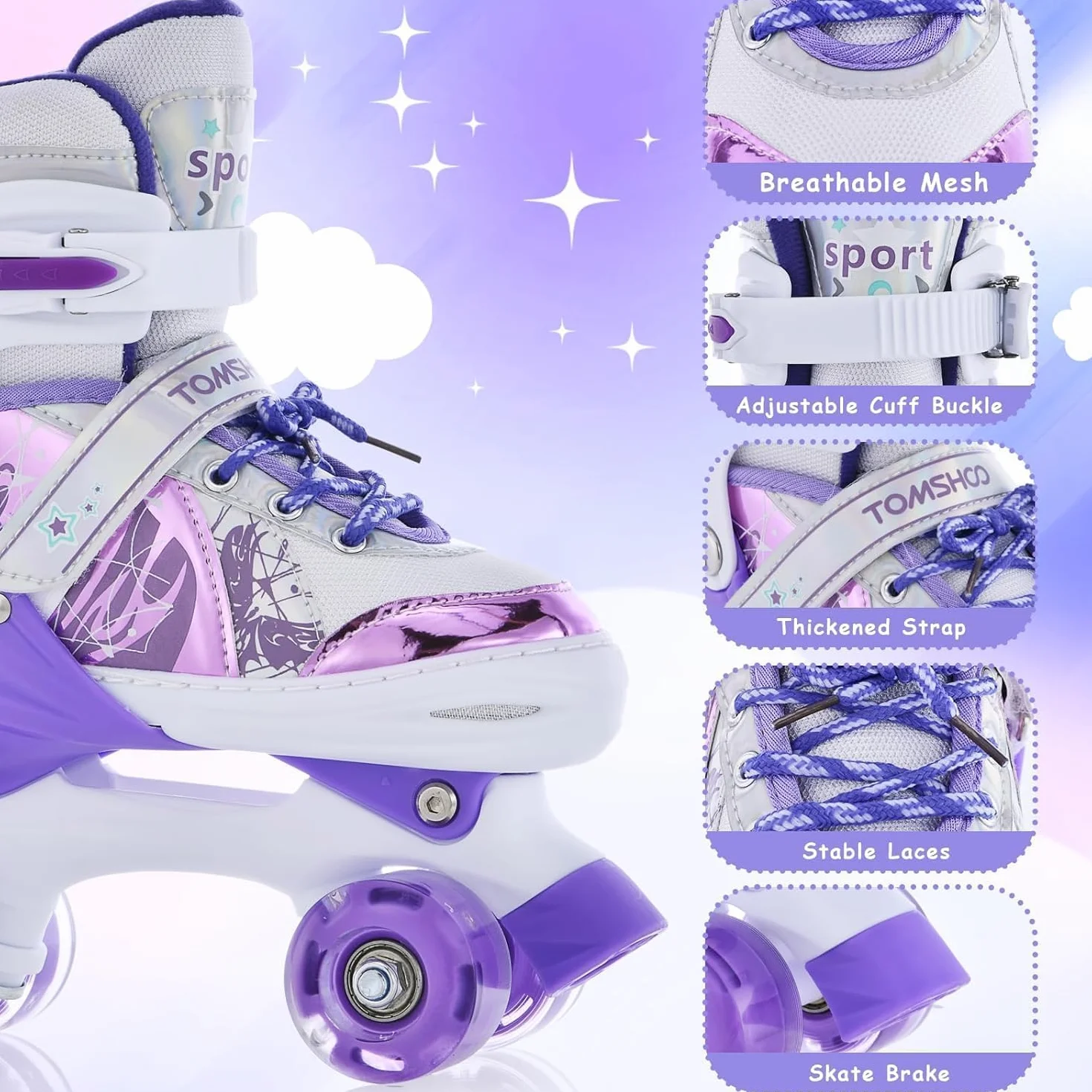 TOMSHOO Patins à roulettes Fille, Roller Enfant LED Lumineuse Roues, Rollers Quad Taille Réglable