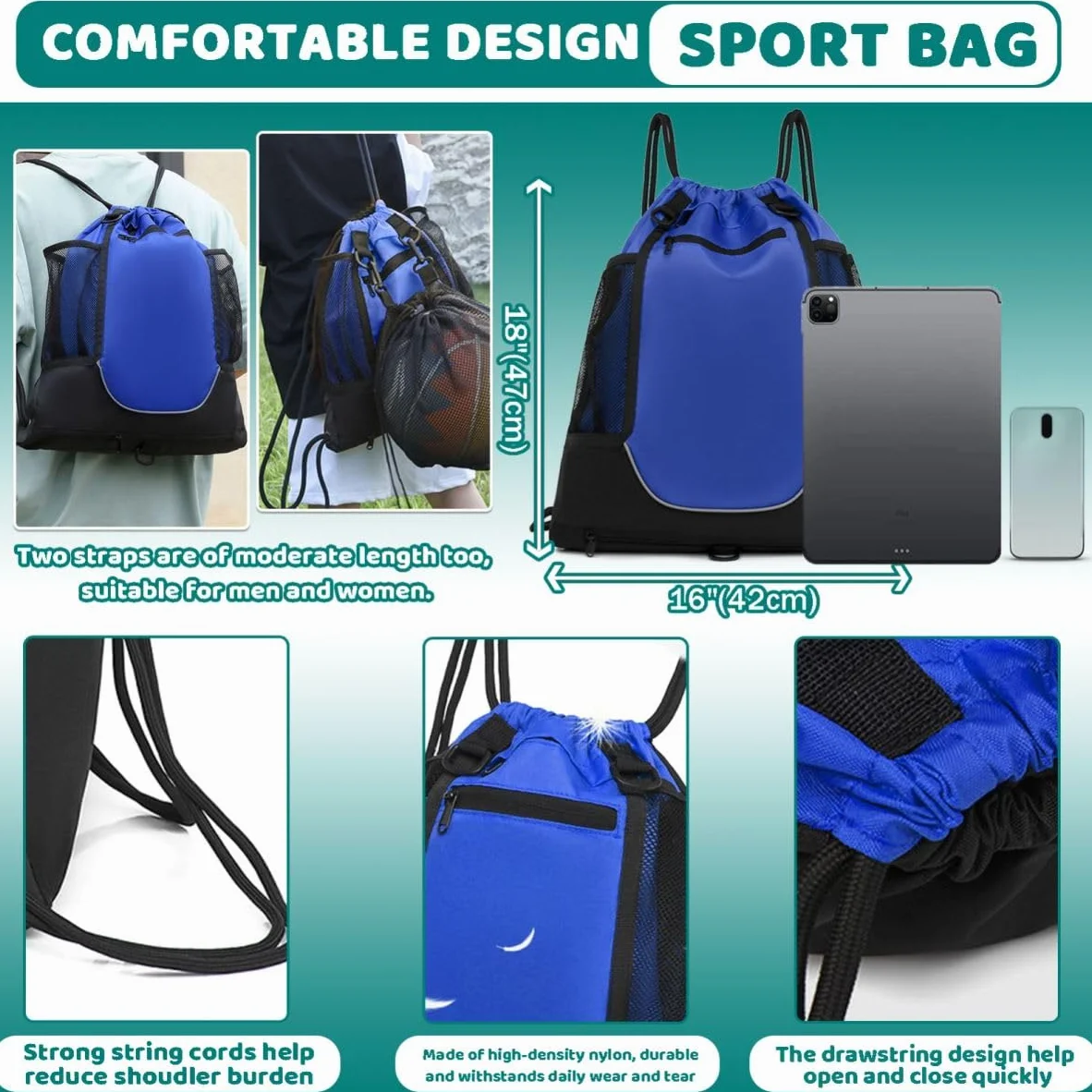 STAY GENT Sac à Dos de Football à Cordon pour Garçons, Sac de Sport avec Filet Détachable, Noir, 42 x 47 cm