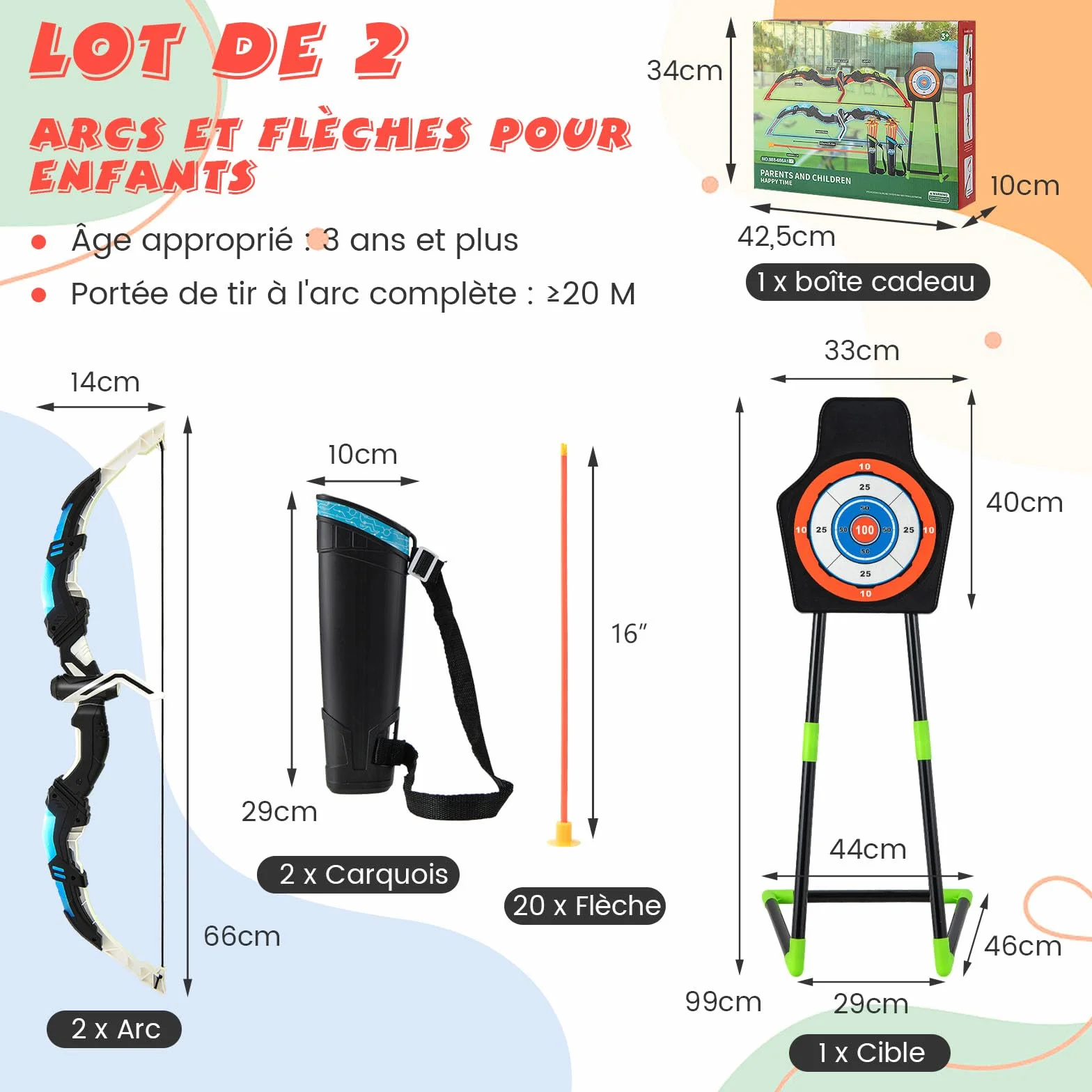 GOPLUS Arcs et Flèches Enfants, Ensemble Tir à l'arc LED avec 20 Flèches à Ventouse, 2 Carquois, Cible détachable